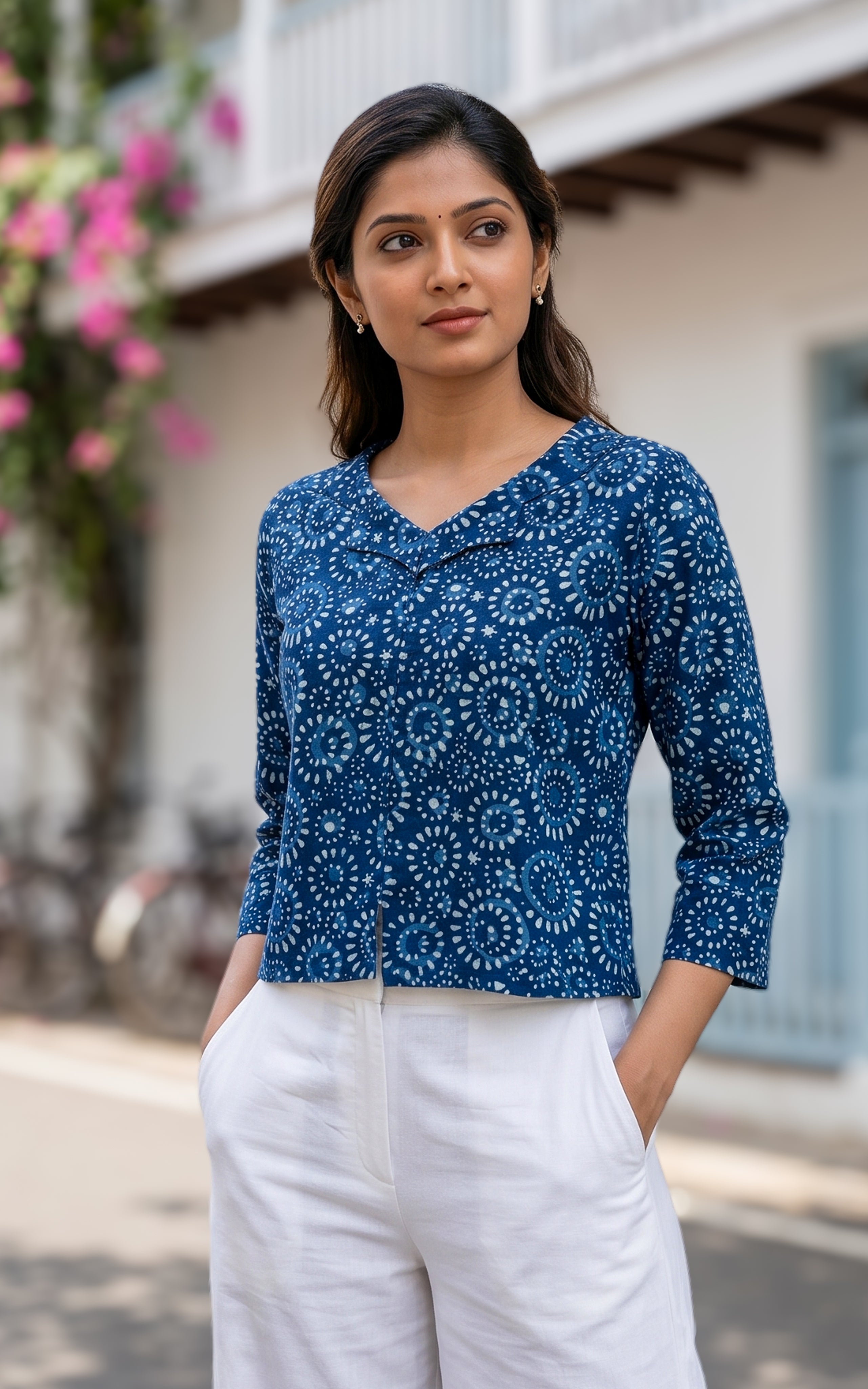 Instore - Indigo Dyed Cotton Printed Notched Collar Short Kurti, No Lining
