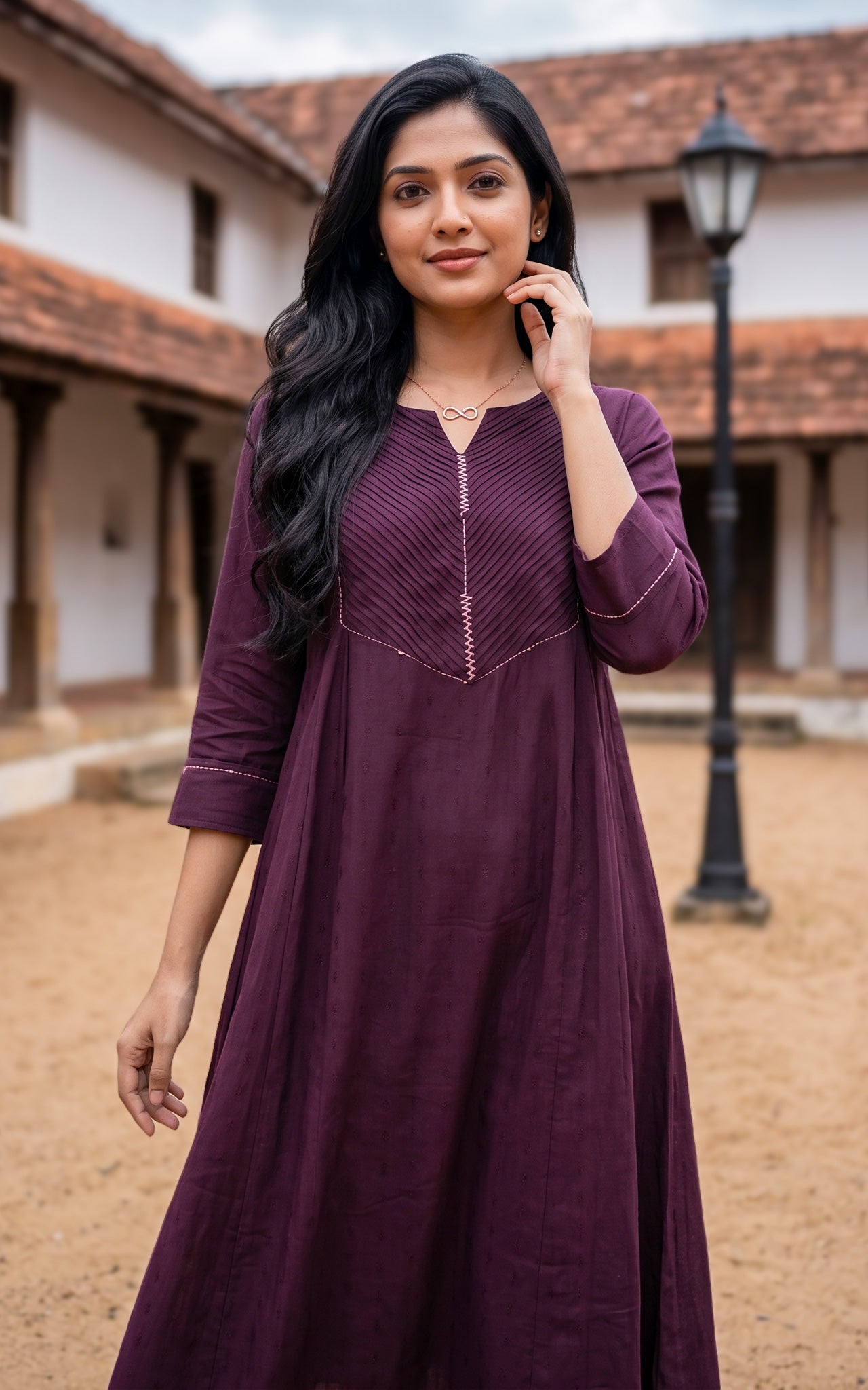 Plum Art Silk Anarkali Kurti Featuring Pintuck Detailing for Women