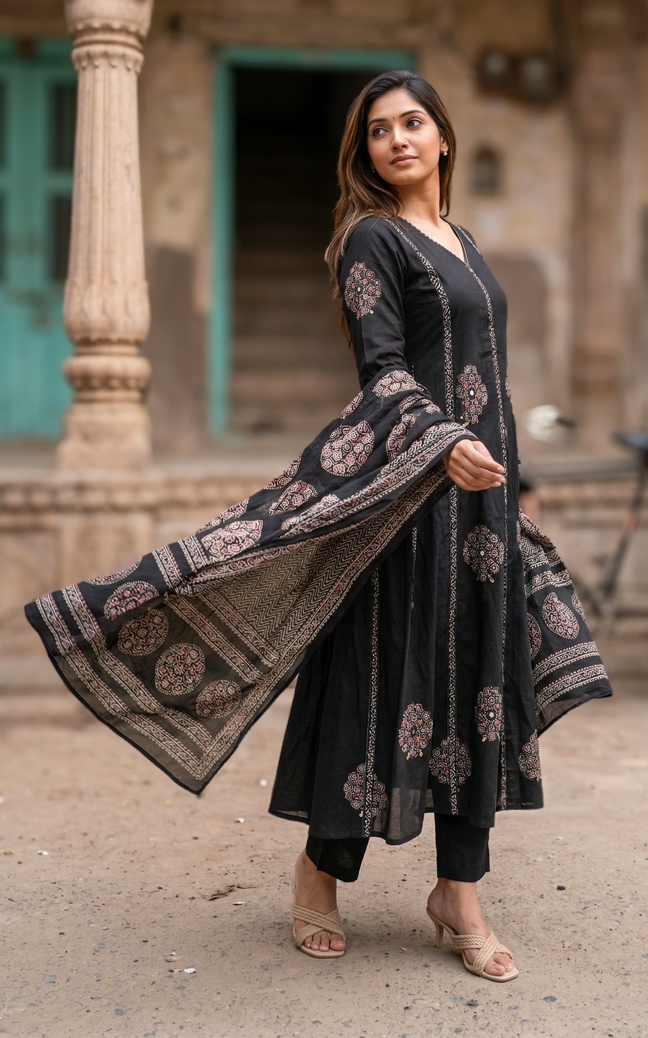 Cotton Anarkali kurti with mirror embroidery for women