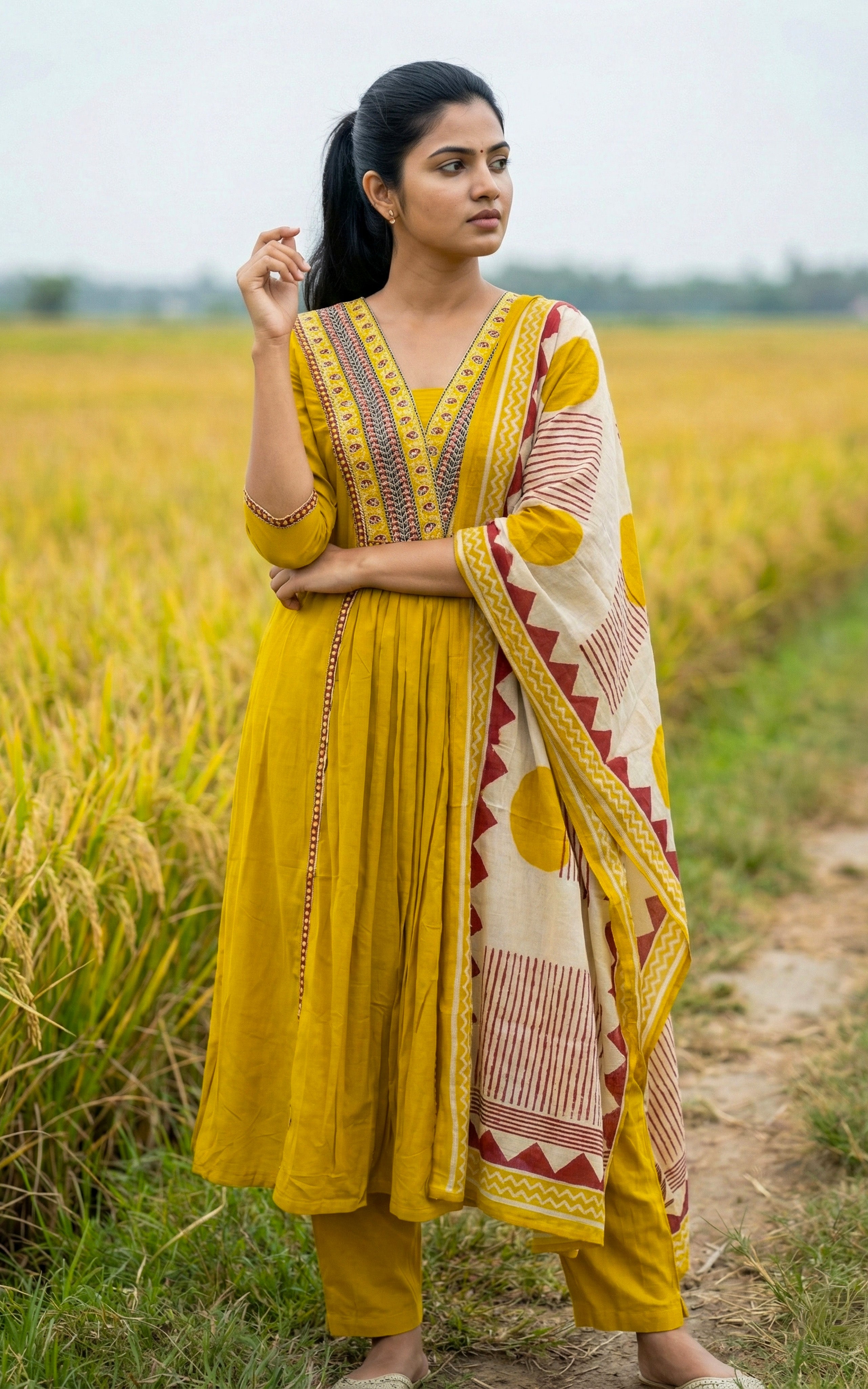 V-Neck Embroidery Aline kurti sets