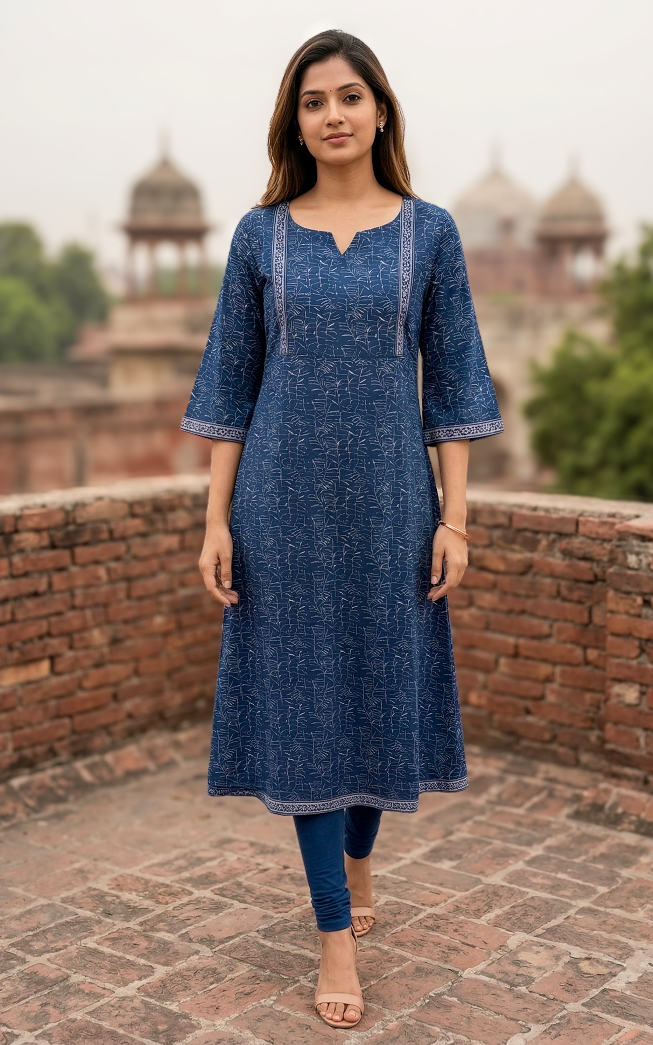 Instore - Navy Blue Color Cotton Printed Aline Kurti with Bell Sleeves and One Side Pocket, No Lining
