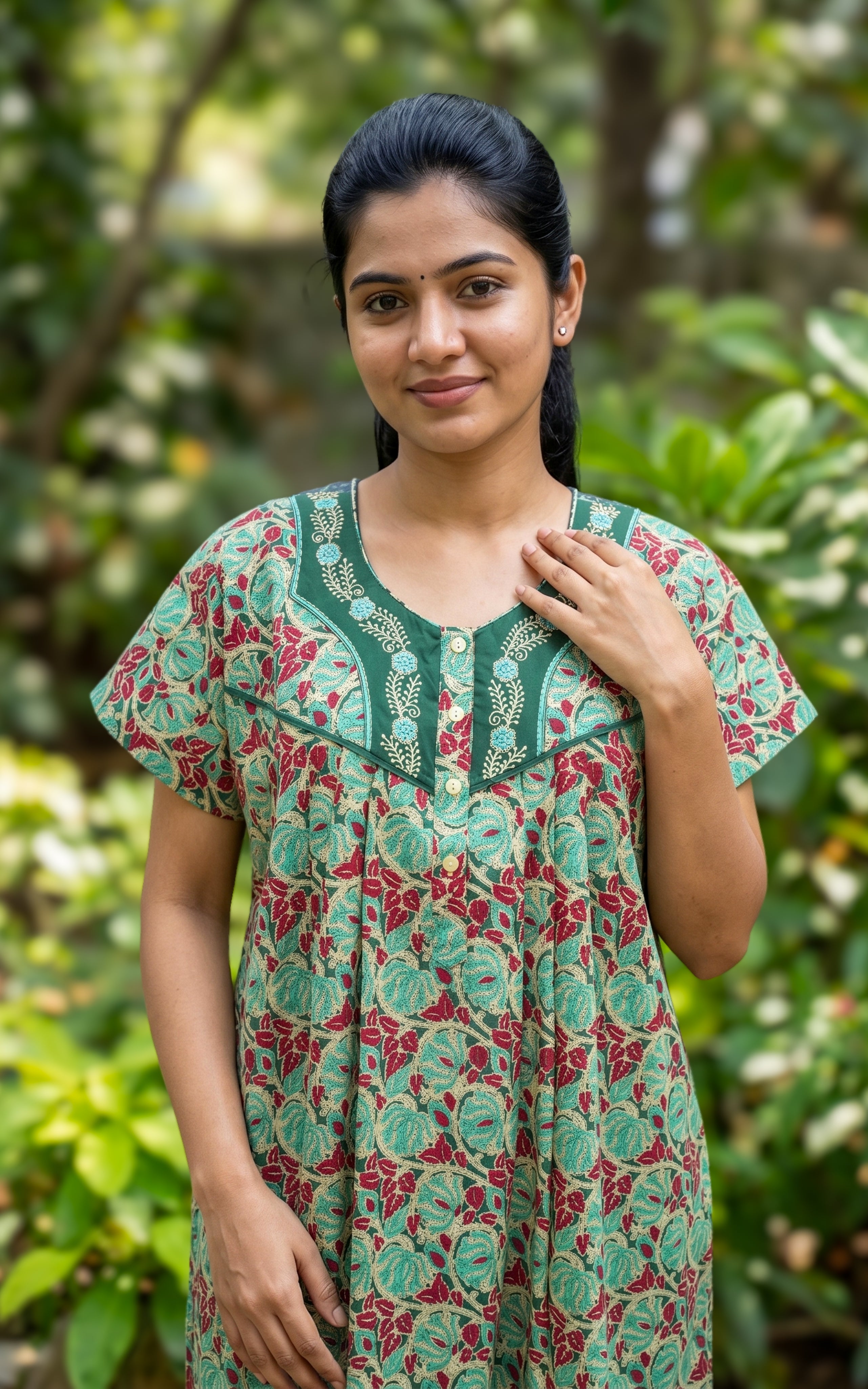 Instore - Green Floral Print Cotton Long Nighty with Embroidery Yoke, Side Pocket, Relaxed Fit, Women's Sleepwear