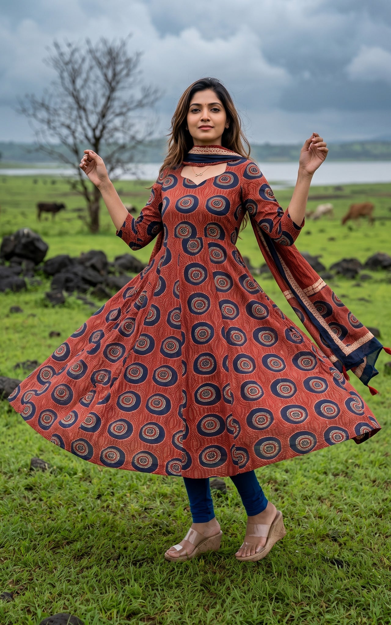 Maroon Cotton Full Flared Anarkali Kurti Dupatta for Women