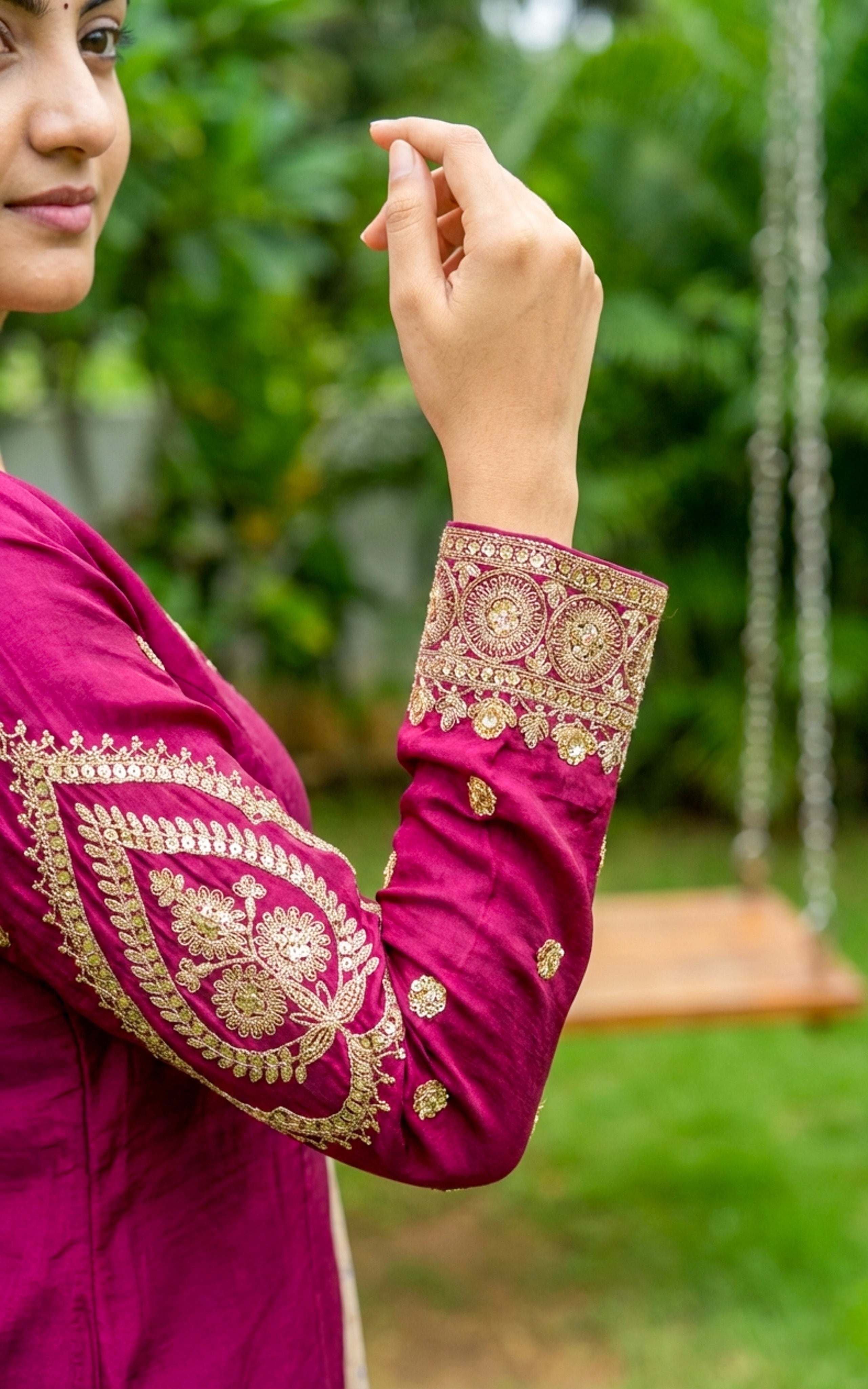Instore - Wine Art Silk V Neck Sequence Embroidery Aline Kurti with Side Slit & One Side Pocket with Art Silk Dupatta