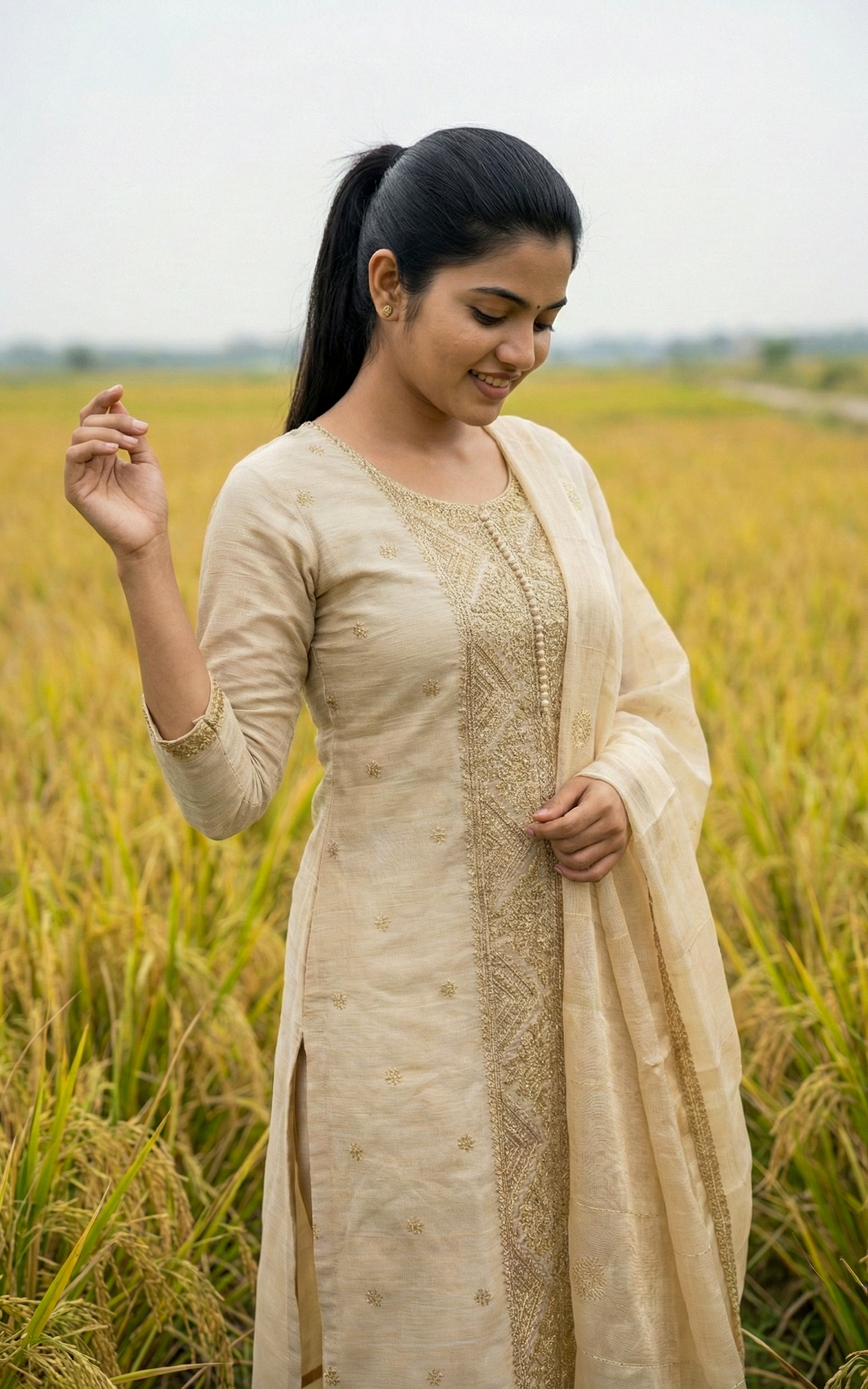 Instore - Beige Chanderi Embroidery Straight Cut Kurti & Gold Woven Dupatta with Side Slit and Pant with One Side Pocket