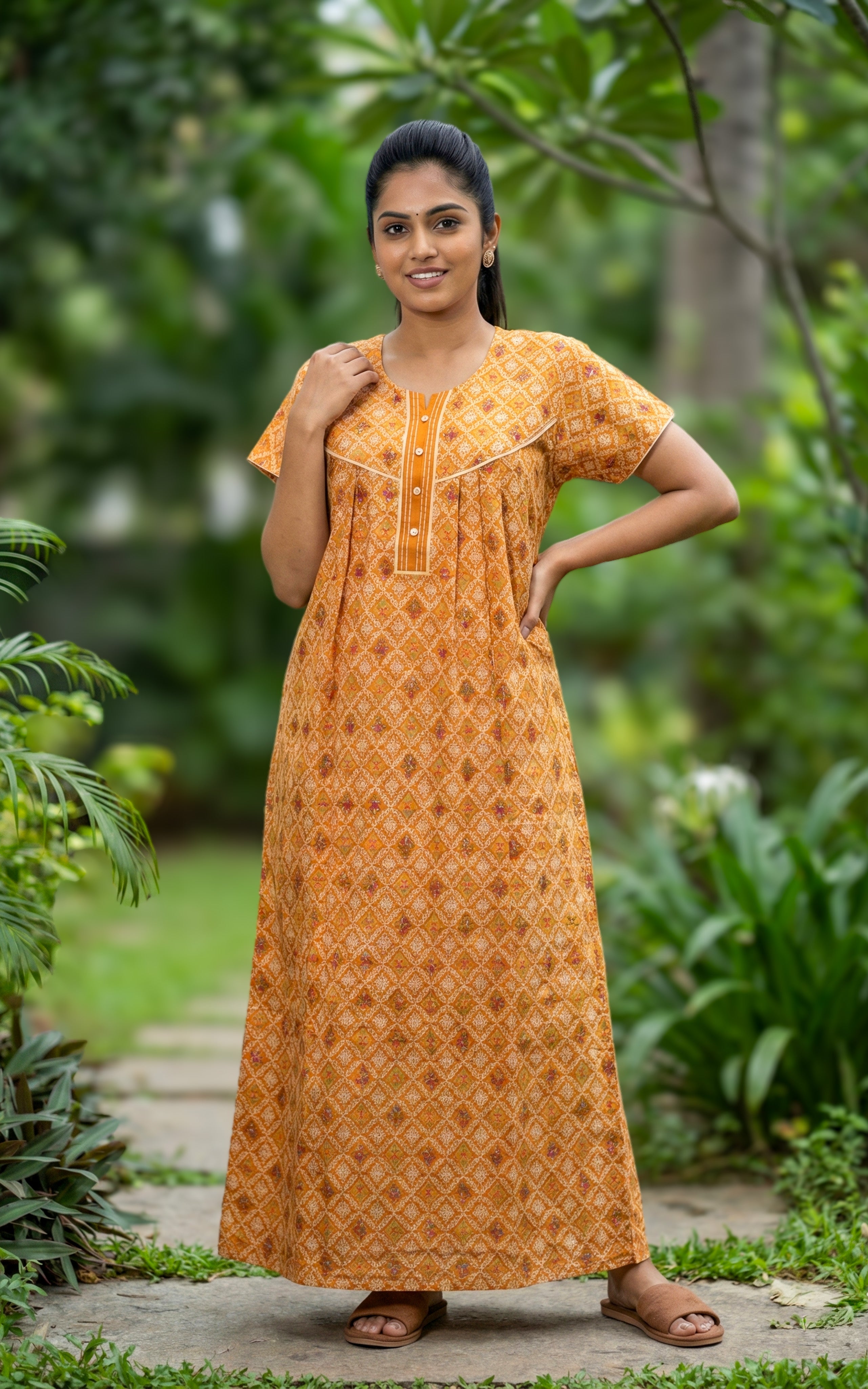 Instore – Mustard Cotton Long Nighty, All-Over Geometric Ethnic Print, Round Neck with Contrast Placket & Button Detailing, Relaxed Fit, Women's Sleepwear