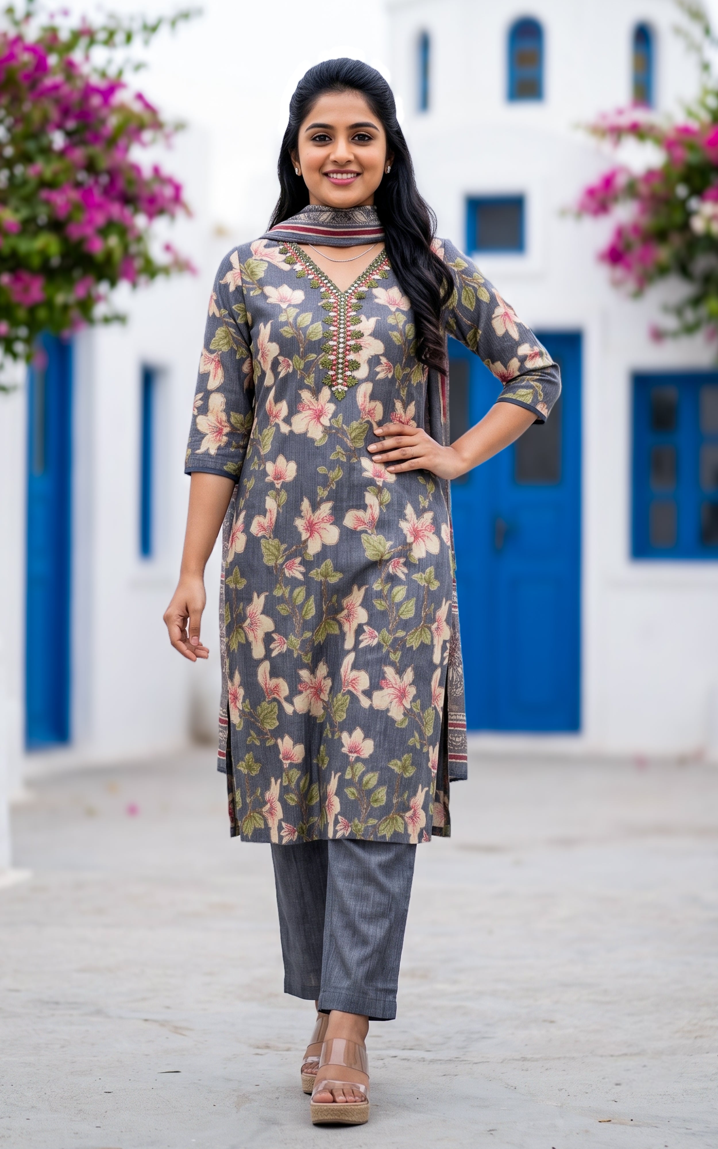 Grey Blended Rayon Kurti Set with Dupatta for Women