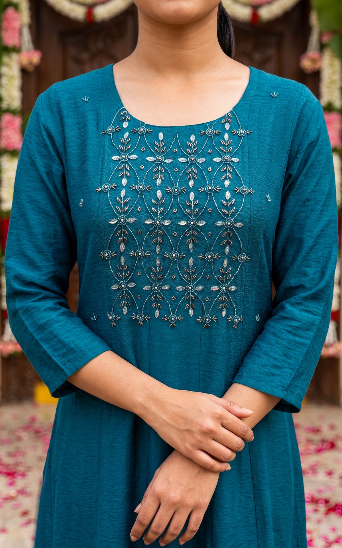Teal Art Silk Blend Festive Collection Anarkali Kurti for Women