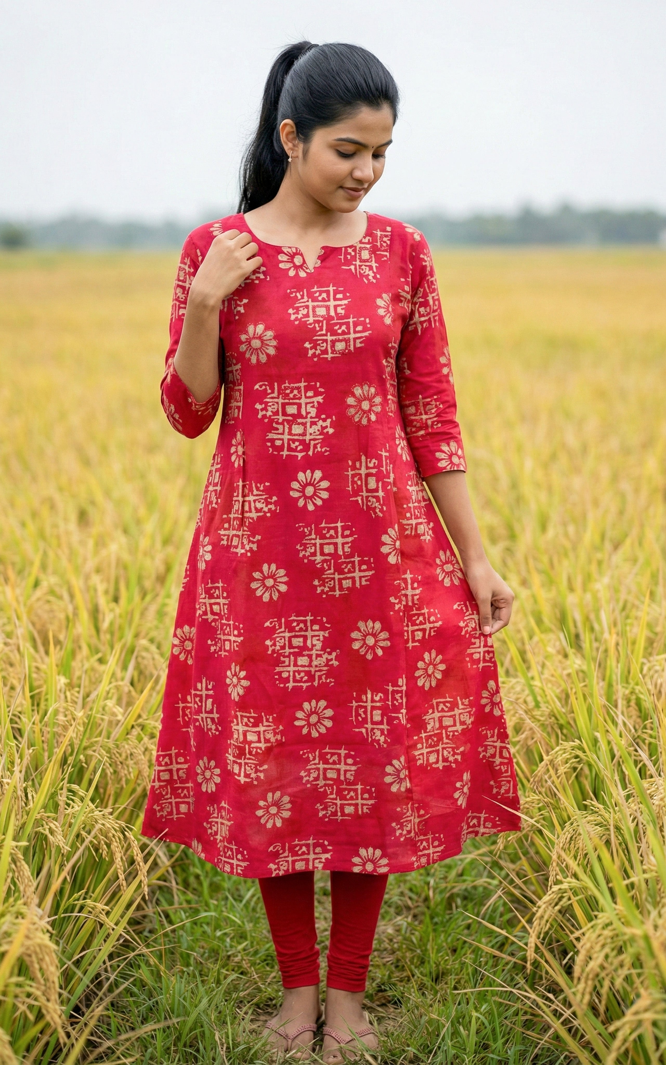 Instore - Red Art Silk with Embroidered Aline with Butter Crepe Lining