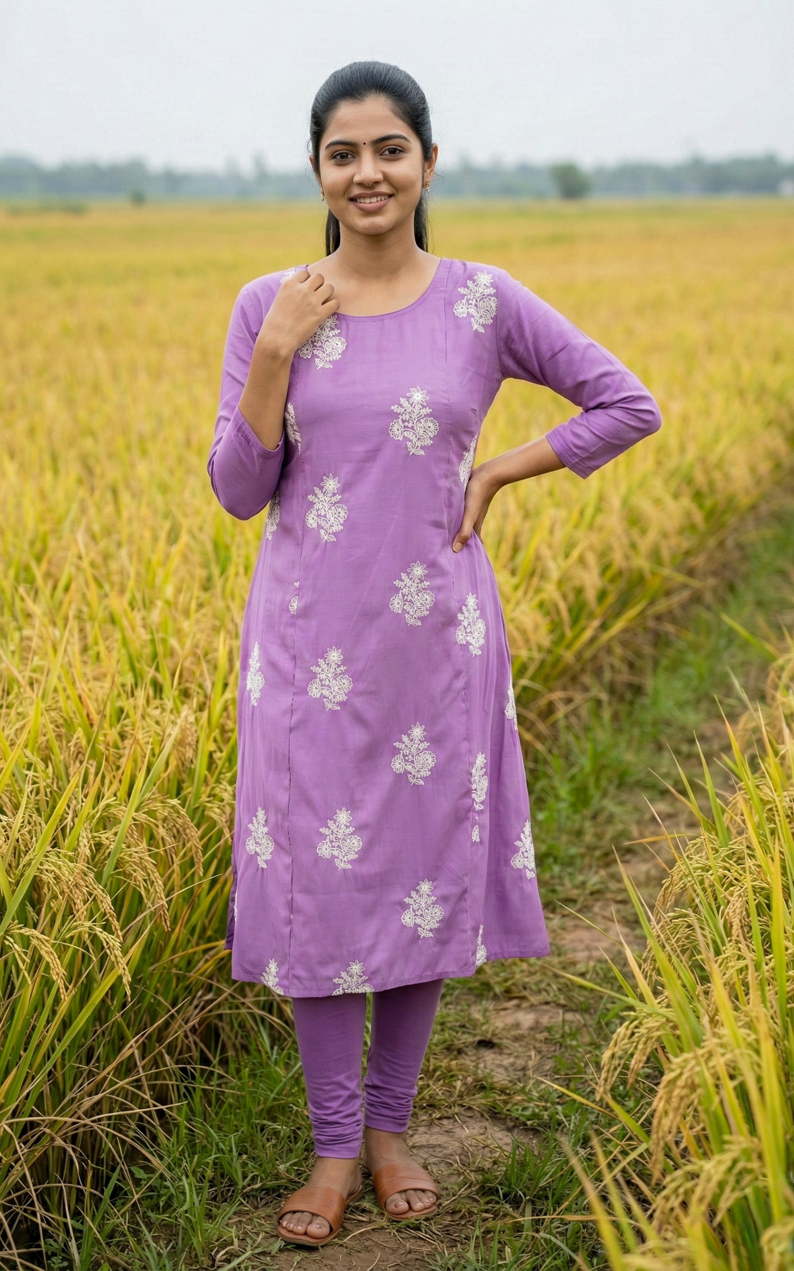 Instore - Lavender Art Silk Aline Kurti with Side Slit with Butter Crepe Lining