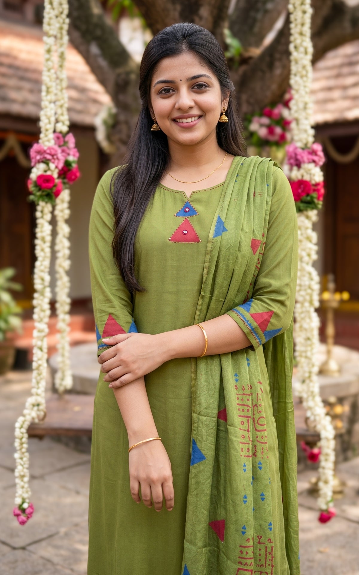 Diwali Casuals Handblock Mehandi Green (Kurti+Pant+Dupatta)