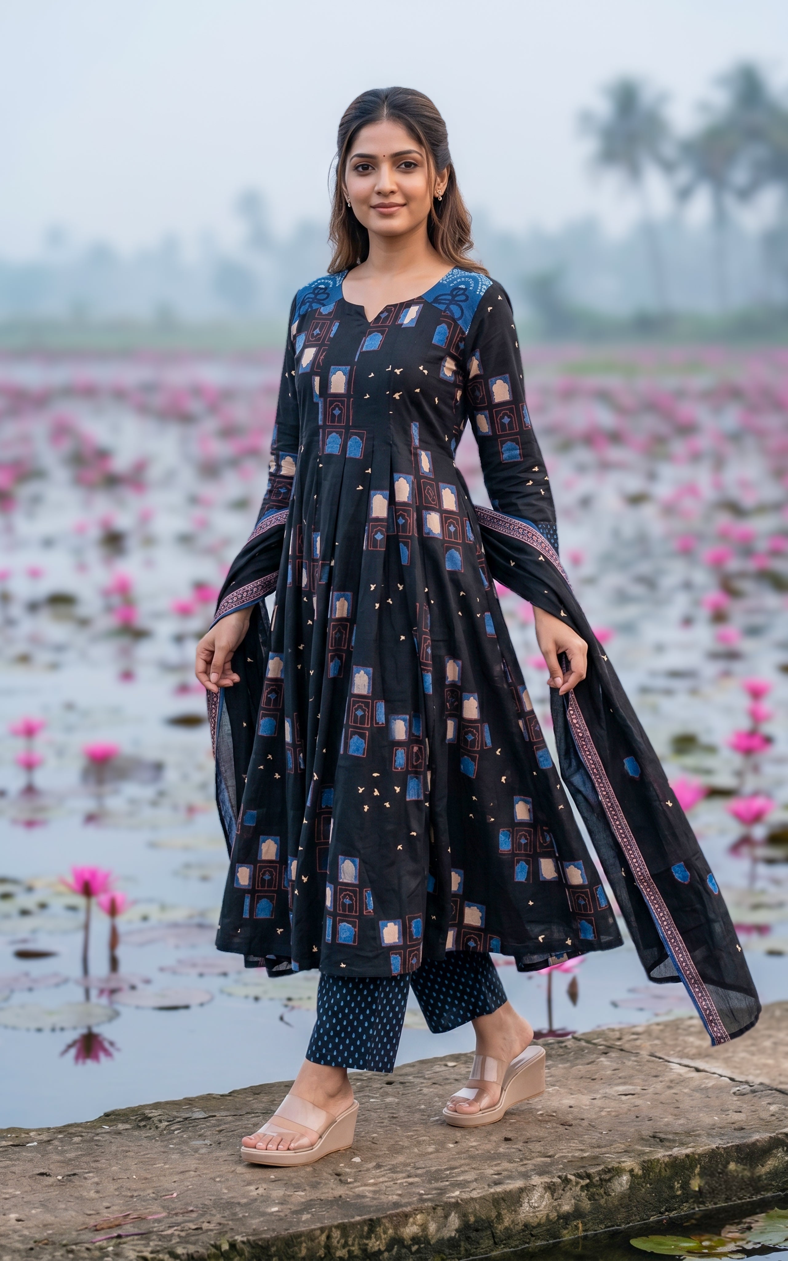 Instore-Seethalakshmi (Kurti+Pant+Dupatta)-Cotton-Anarkali -with One Side Pocket -Straight Pant -Dupatta -Black-Summer collection-Daily wear-office wear-college wear-ethnic wear