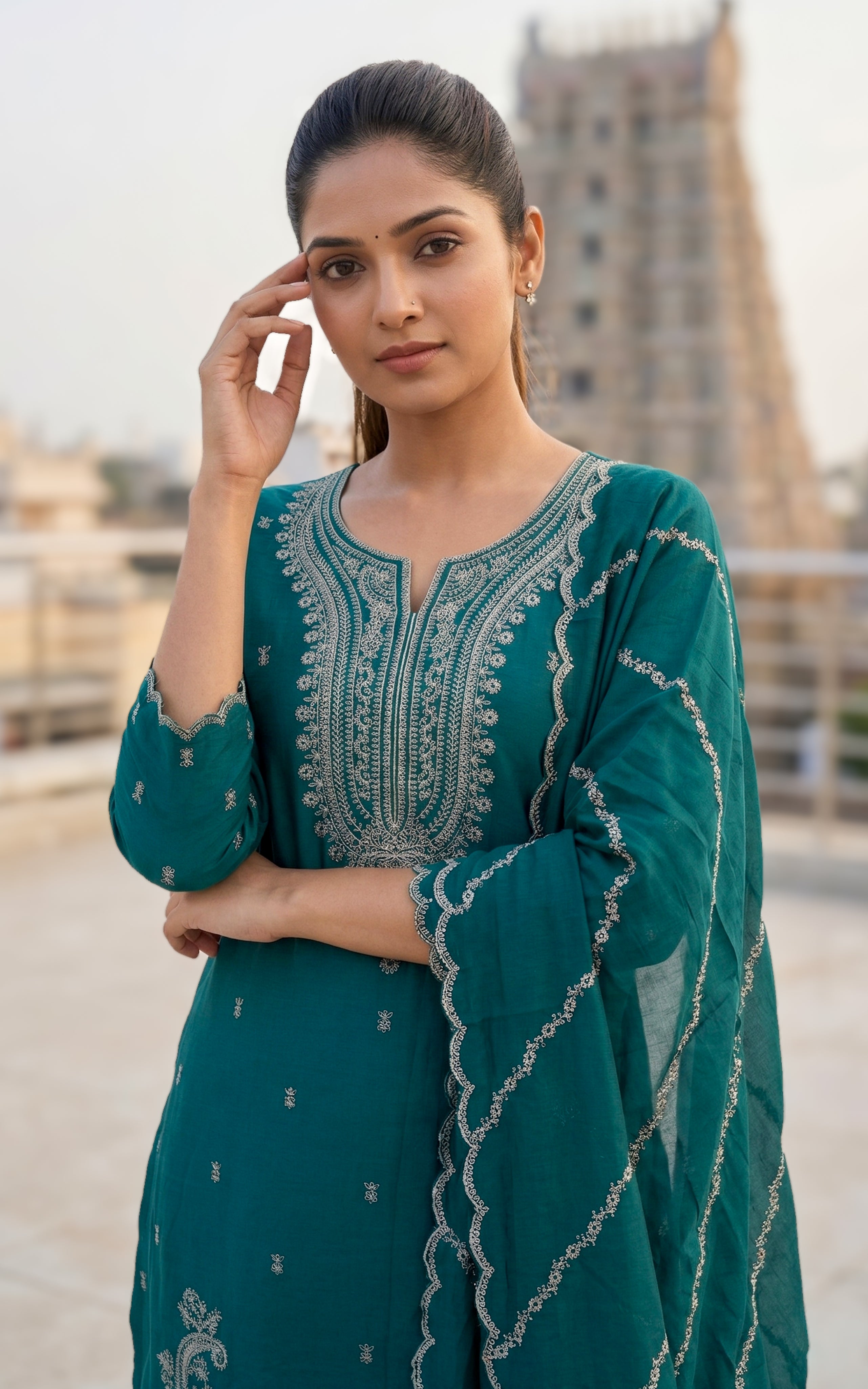 Instore – Deep Teal Green Angel Kurti Pant Dupatta Set for Women – Art Silk – Festive Ethnic Wear