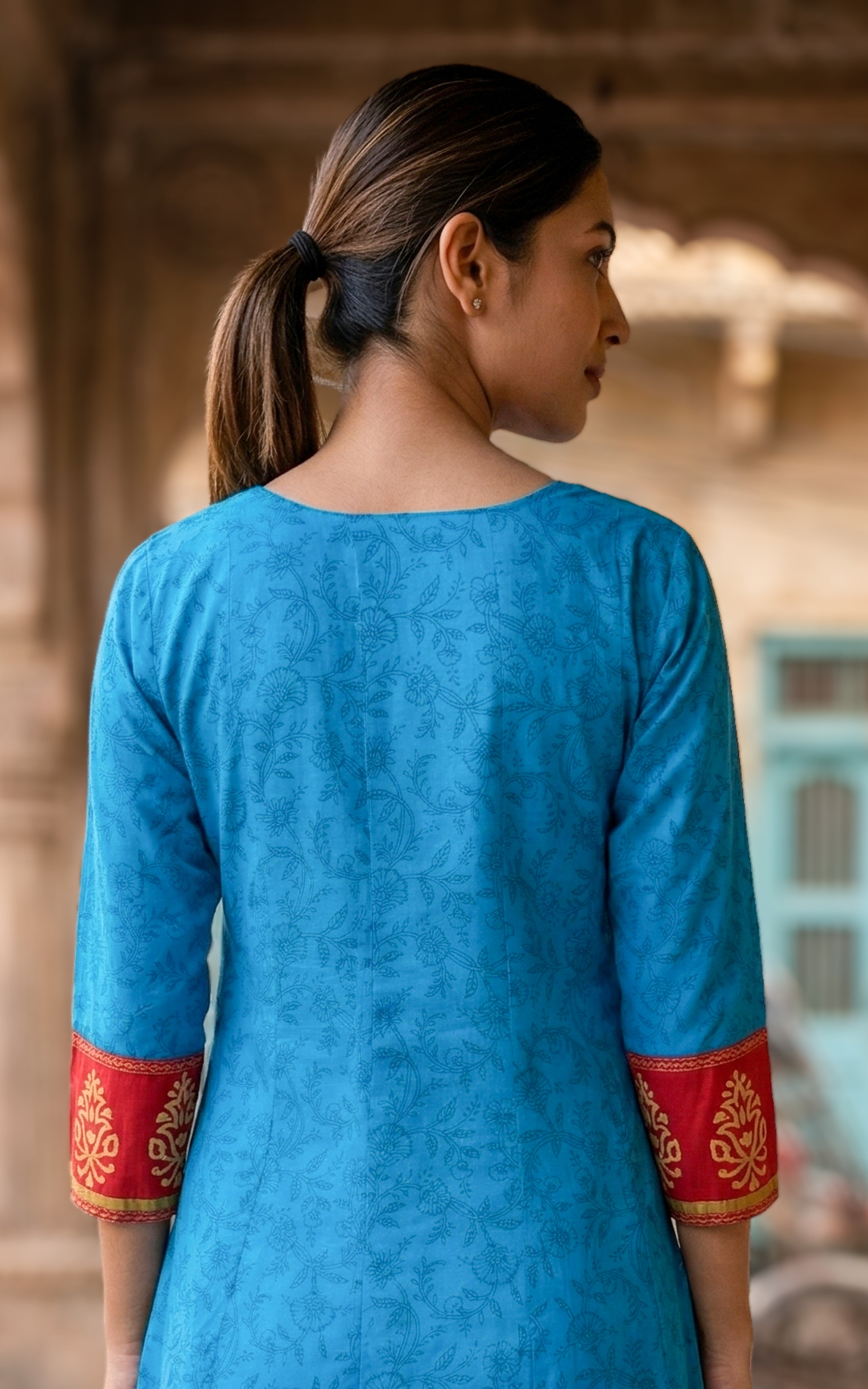 Instore - Blue Color Cotton  Handblock Aline Kurti Featuring Contrast Yoke Panel