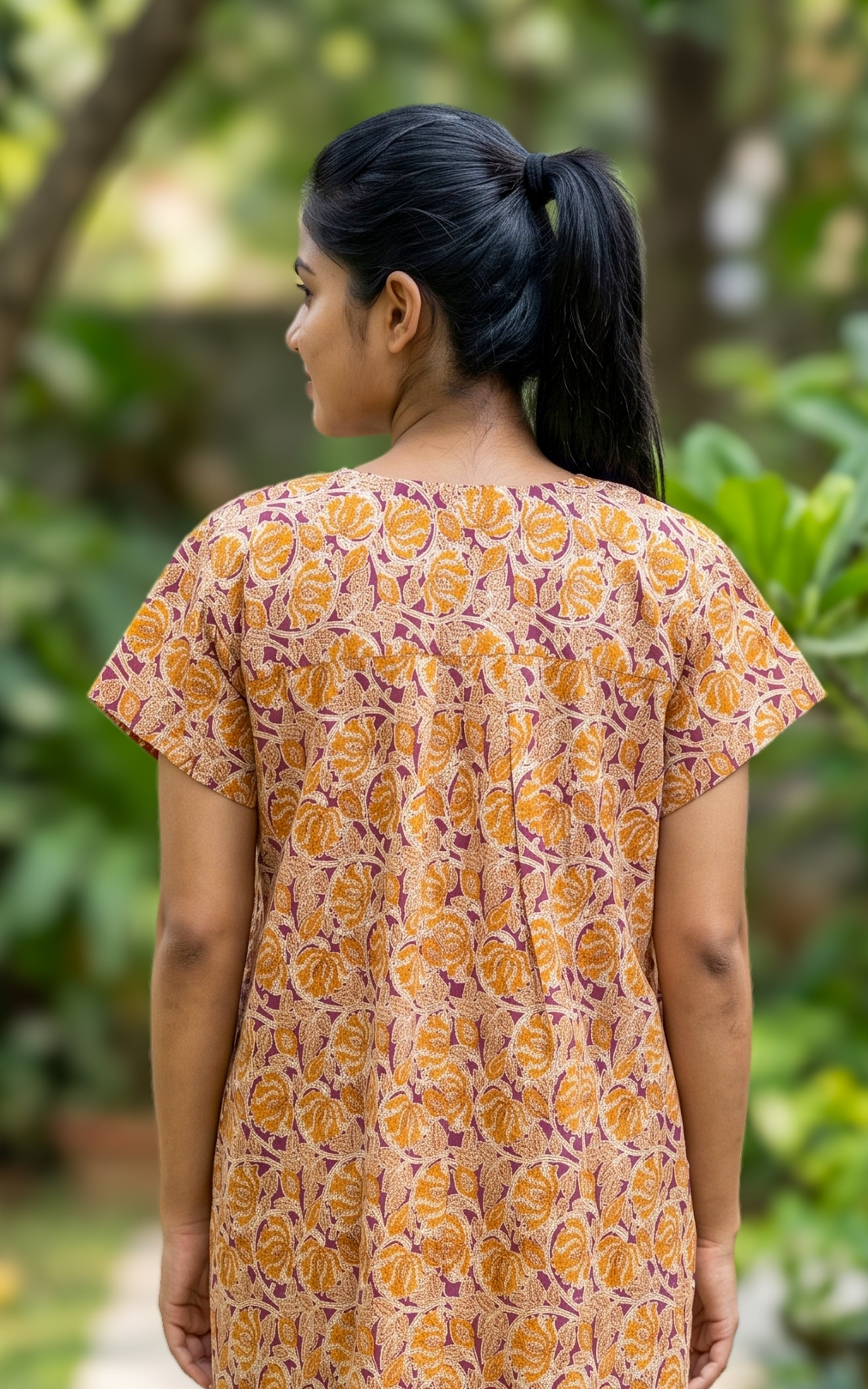 Instore - Mustard Beige & Maroon Floral Print Cotton Long Nighty with Side Pocket, Relaxed Fit, Women's Sleepwear