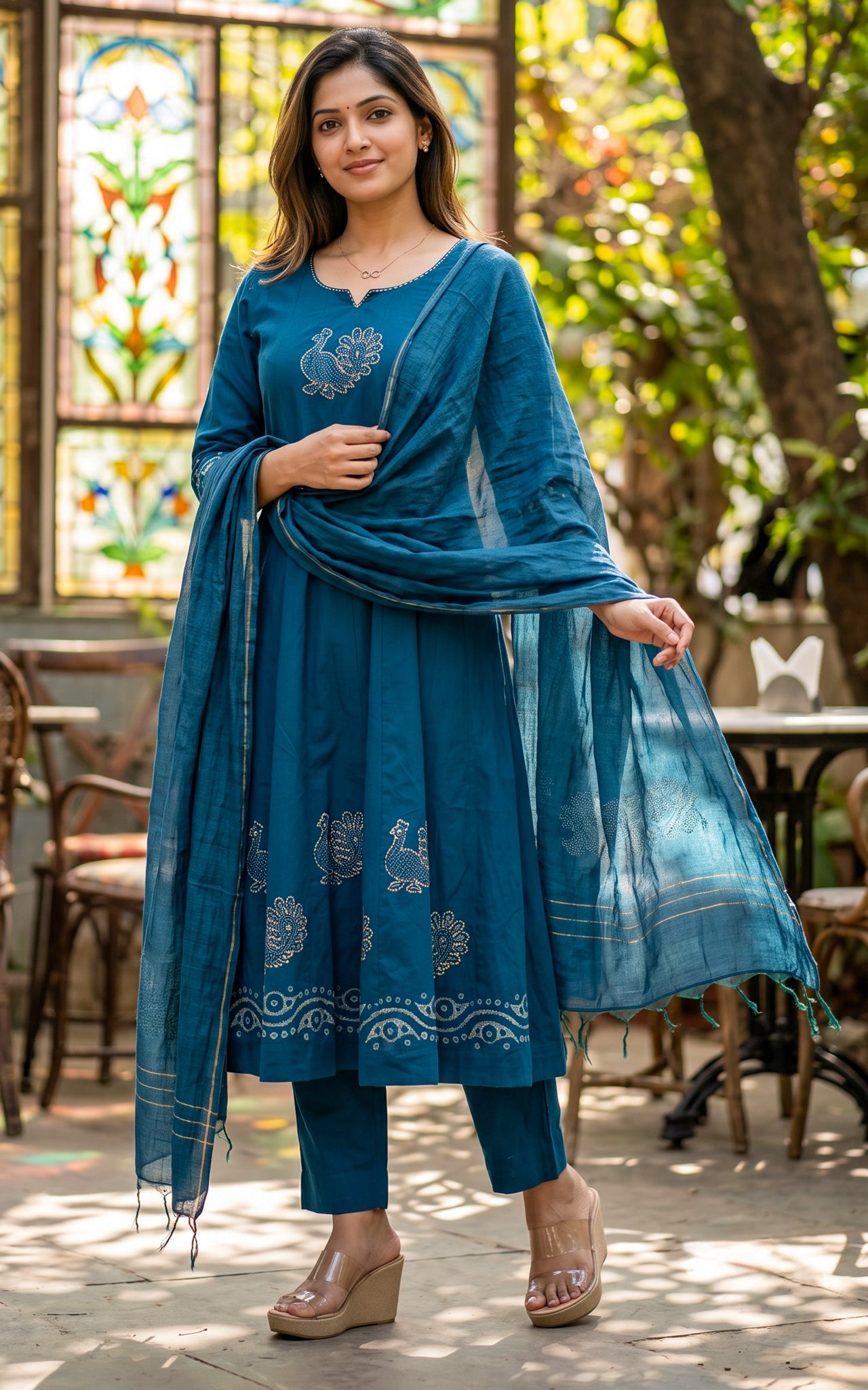 Peacock Blue Cotton Daily Wear Kurti Set for Women