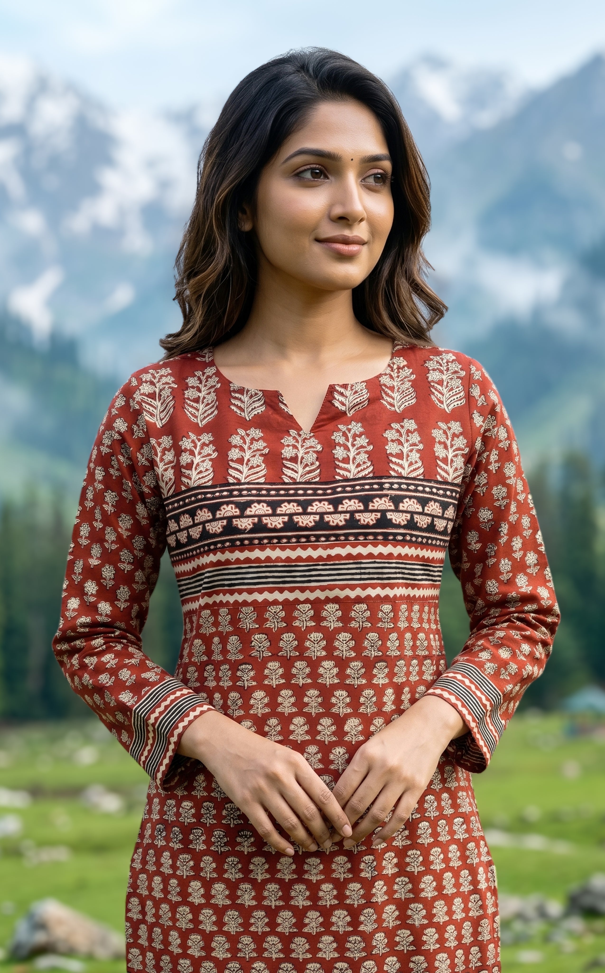 Rust casual wear handblock kurti for women
