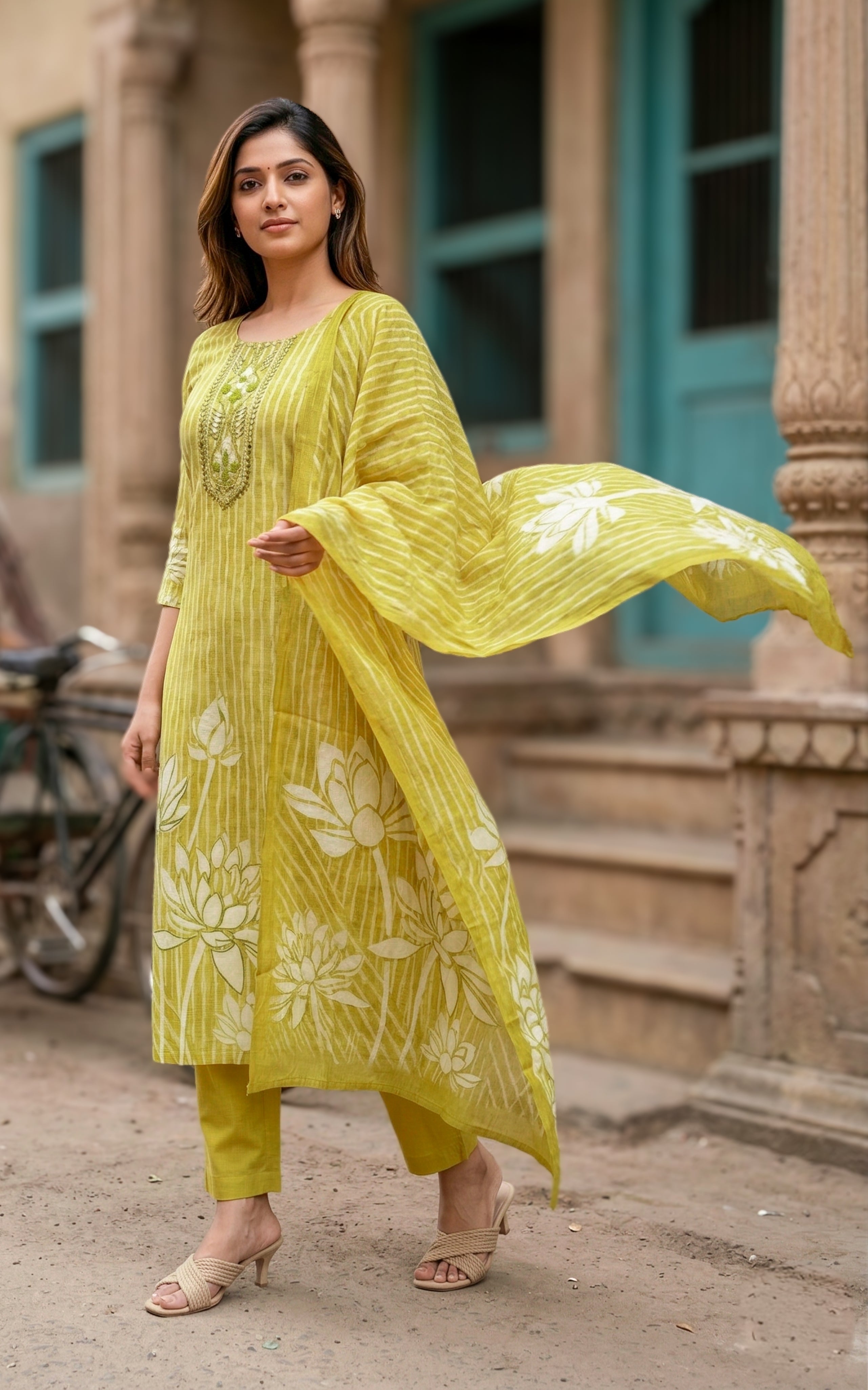 Instore - Mehandi Green Color Cotton Straight Cut Kurti with Side Slit, Straight Pant with Dupatta