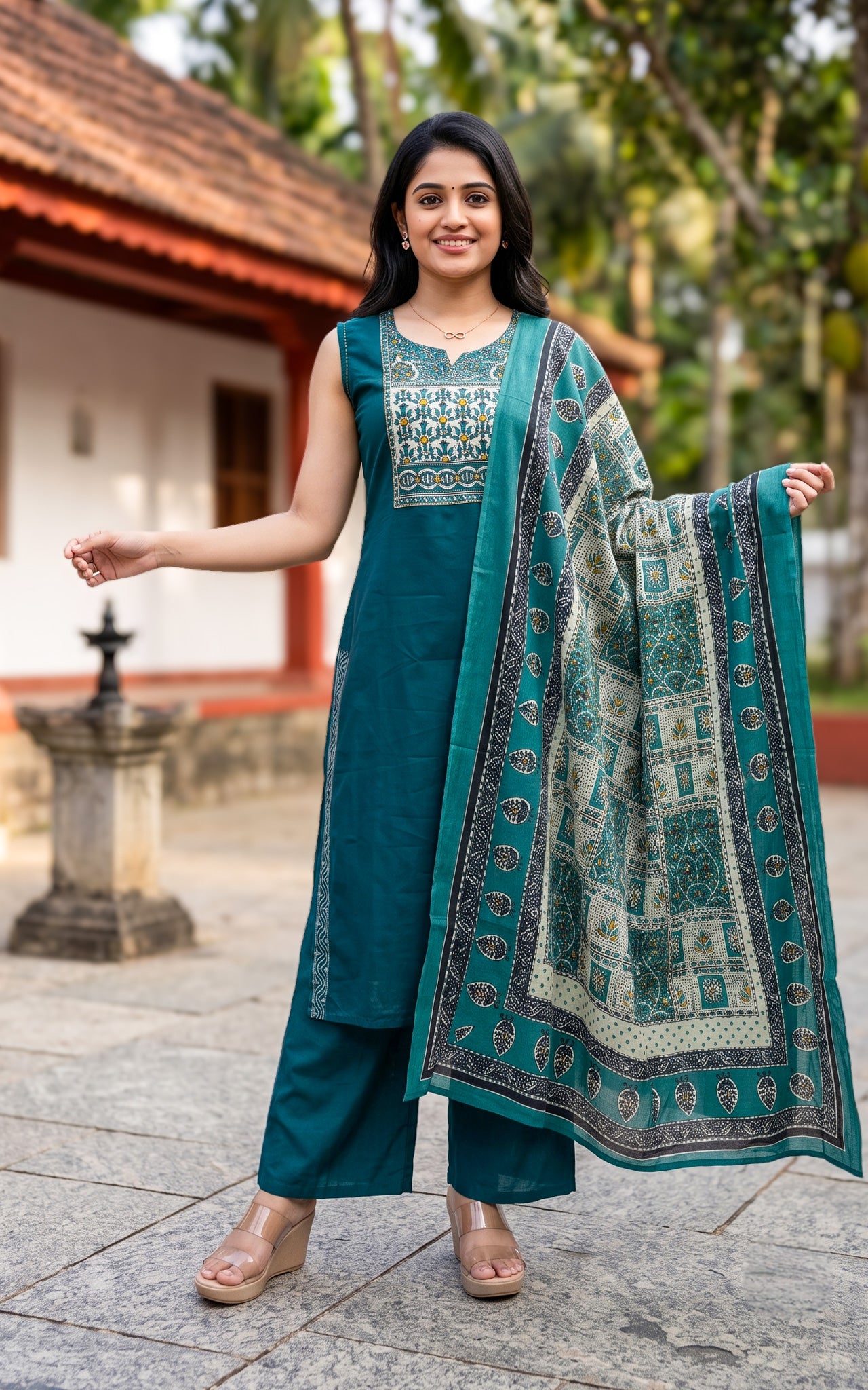 Ranvika Peacock Blue Handblock (Kurti+Pant+Dupatta)