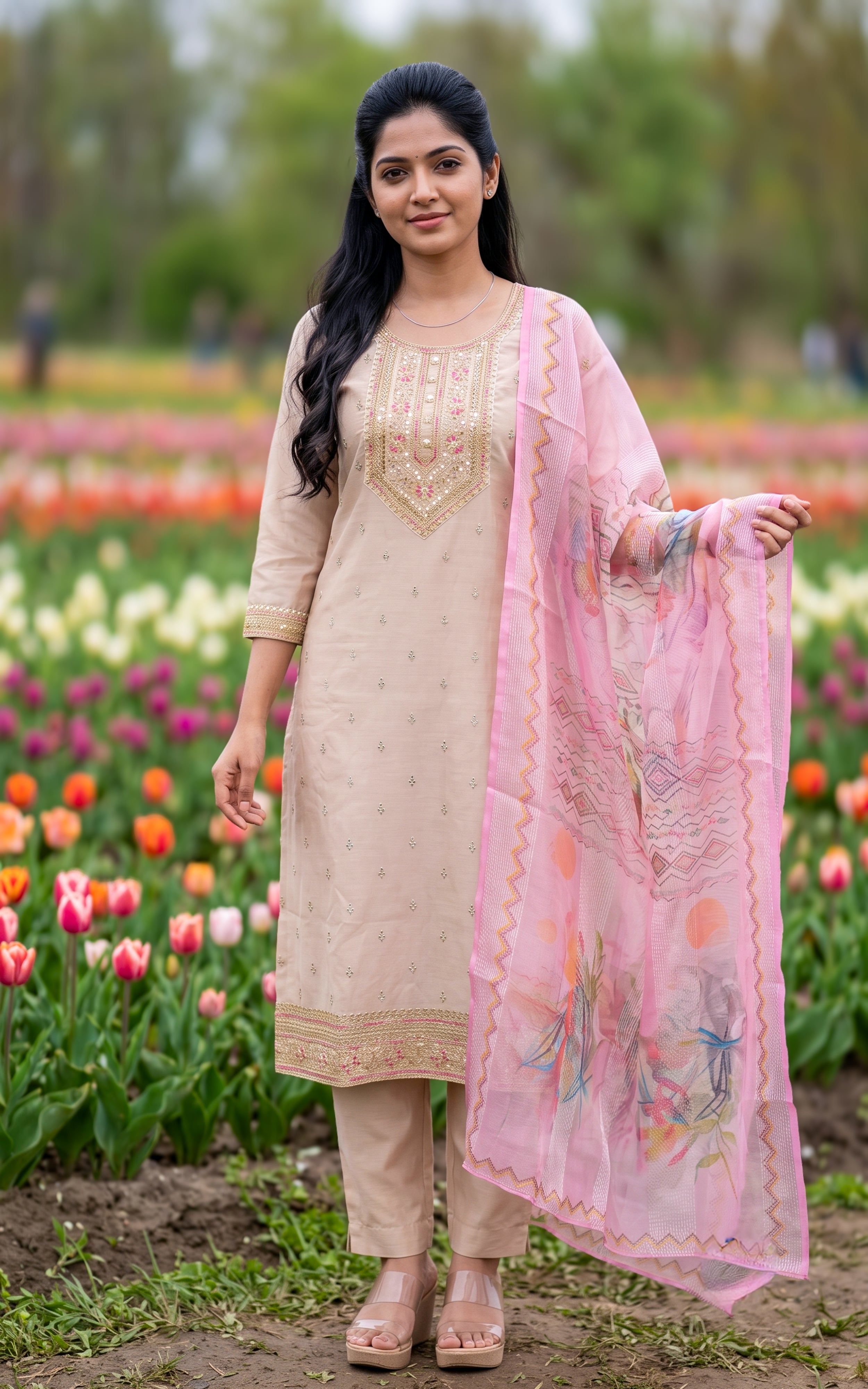 Beige Chanderi Straight Cut Kurti Set for Women