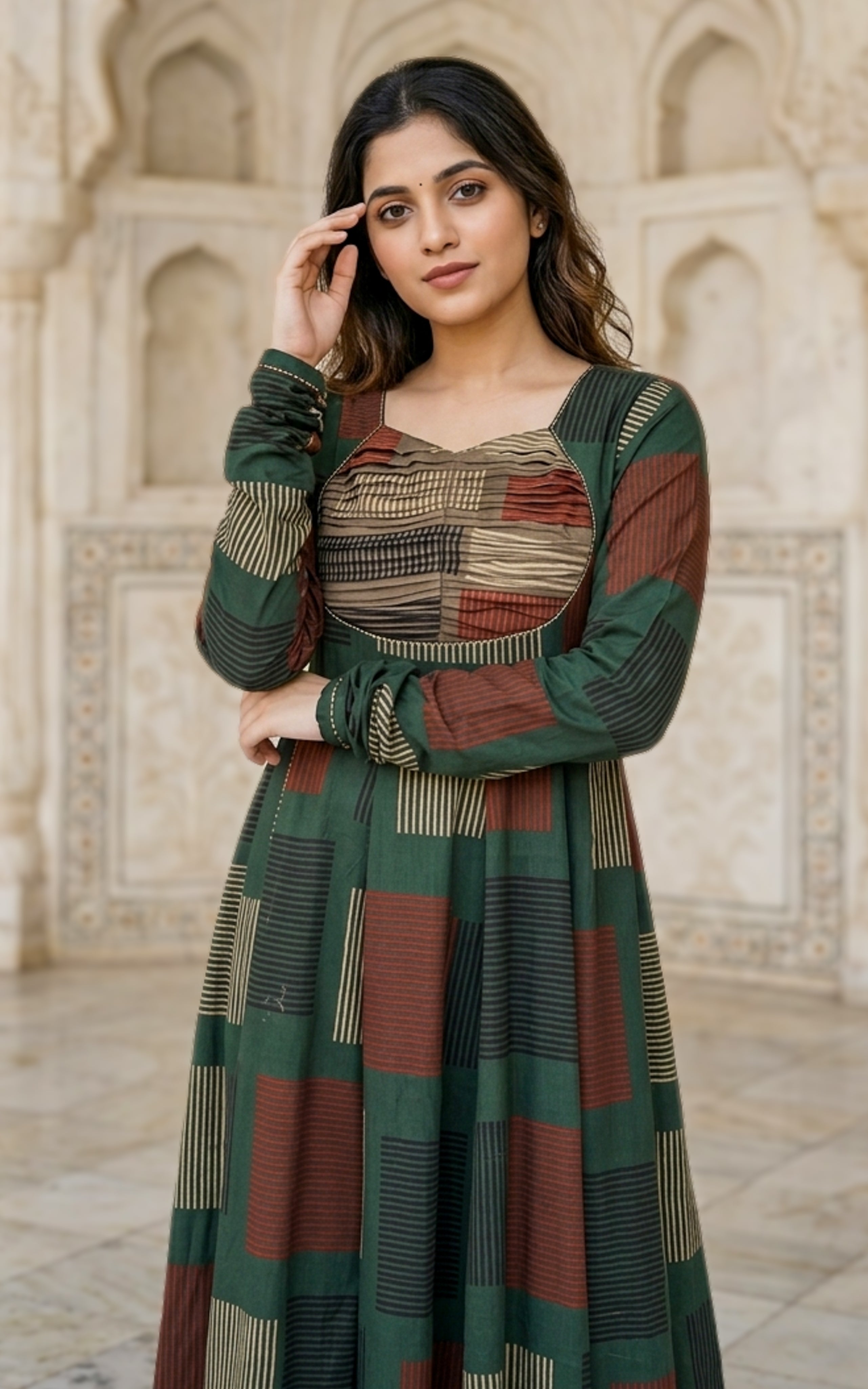 Instore - Green Color Printed Cotton Flared Anarkali Kurti with Line Embroidery & Sweetheart Neck with Gathered Sleeve