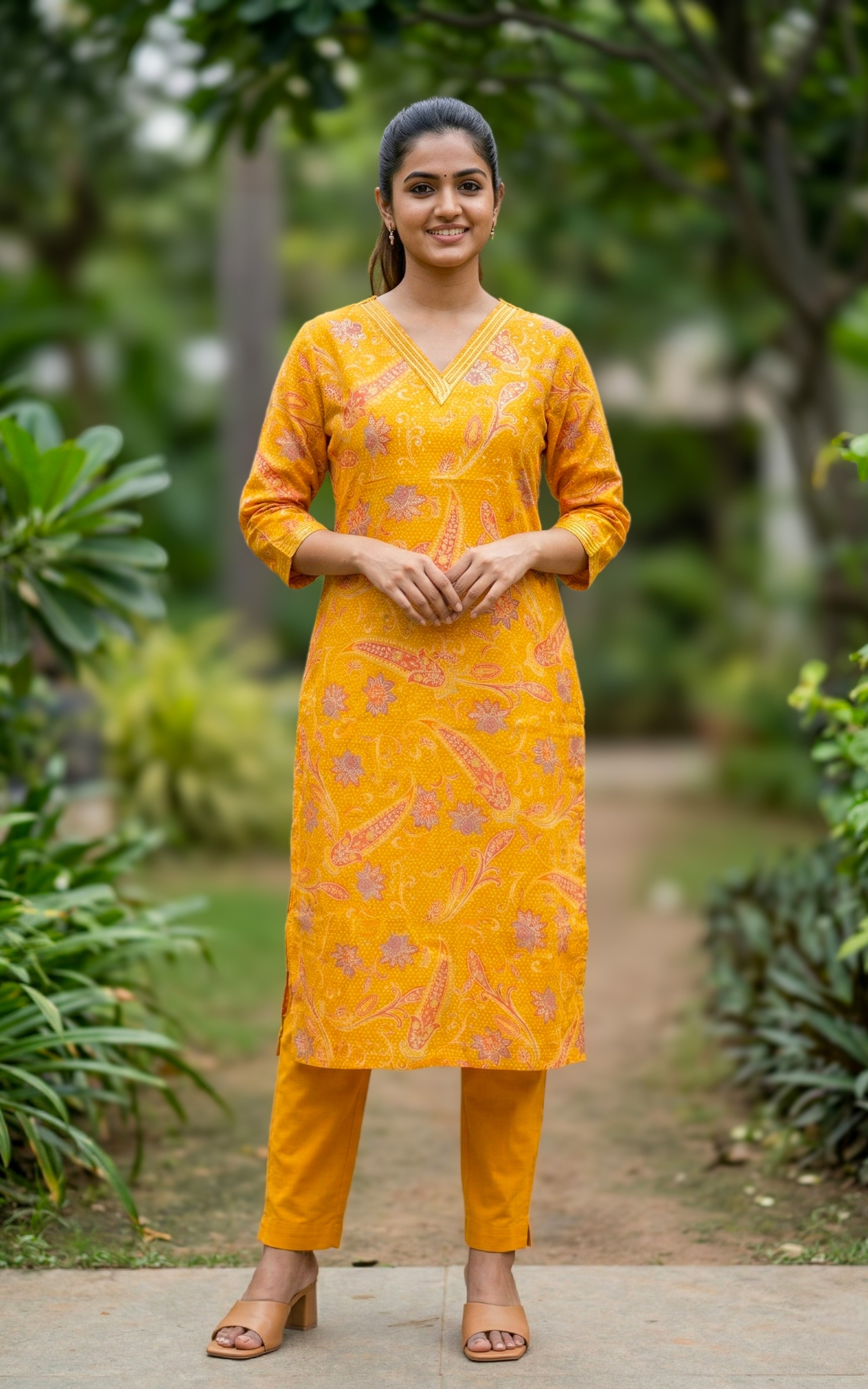 mustard office wear kurti set
formal cotton blend kurti pantset
elegant straight cut kurti with pant
simple office wear kurti set for women