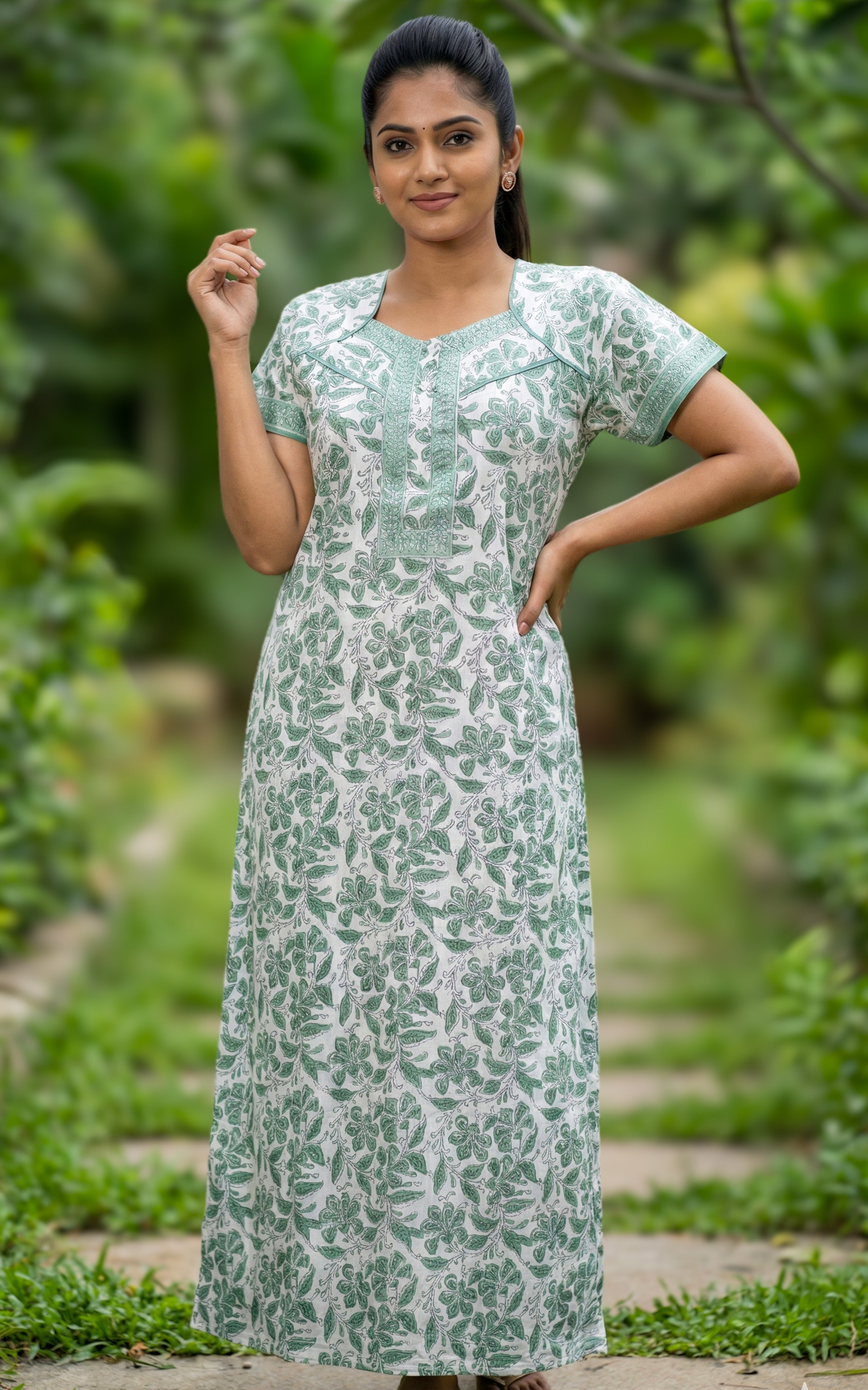 Instore – Green Cotton Long Nighty, Floral Print, Round Neck with Contrast Yoke Panel, A-line Fit, Women's Sleepwear