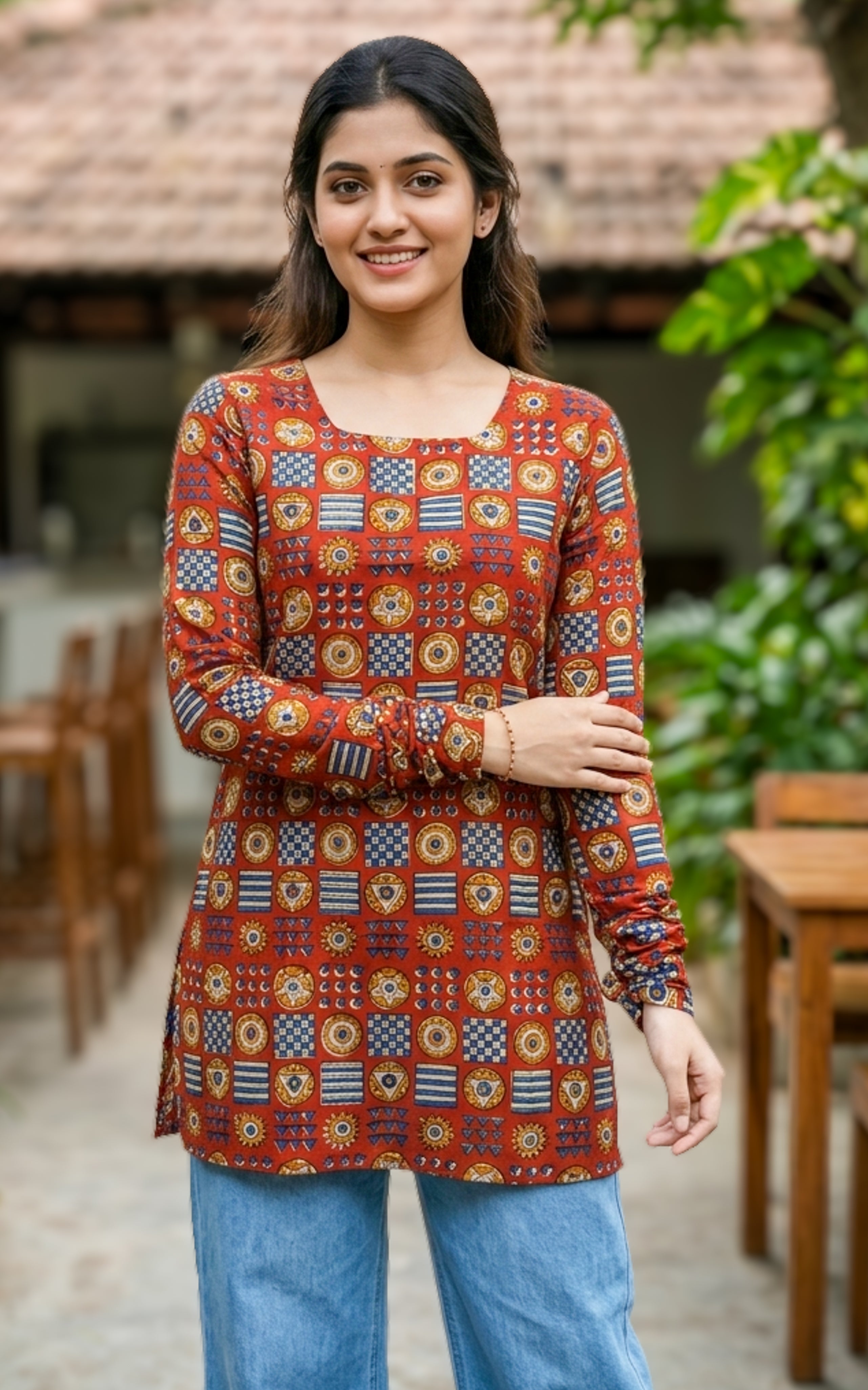 Handblock printed cotton short straight cut kurti for women

Short kurti with gathered sleeves