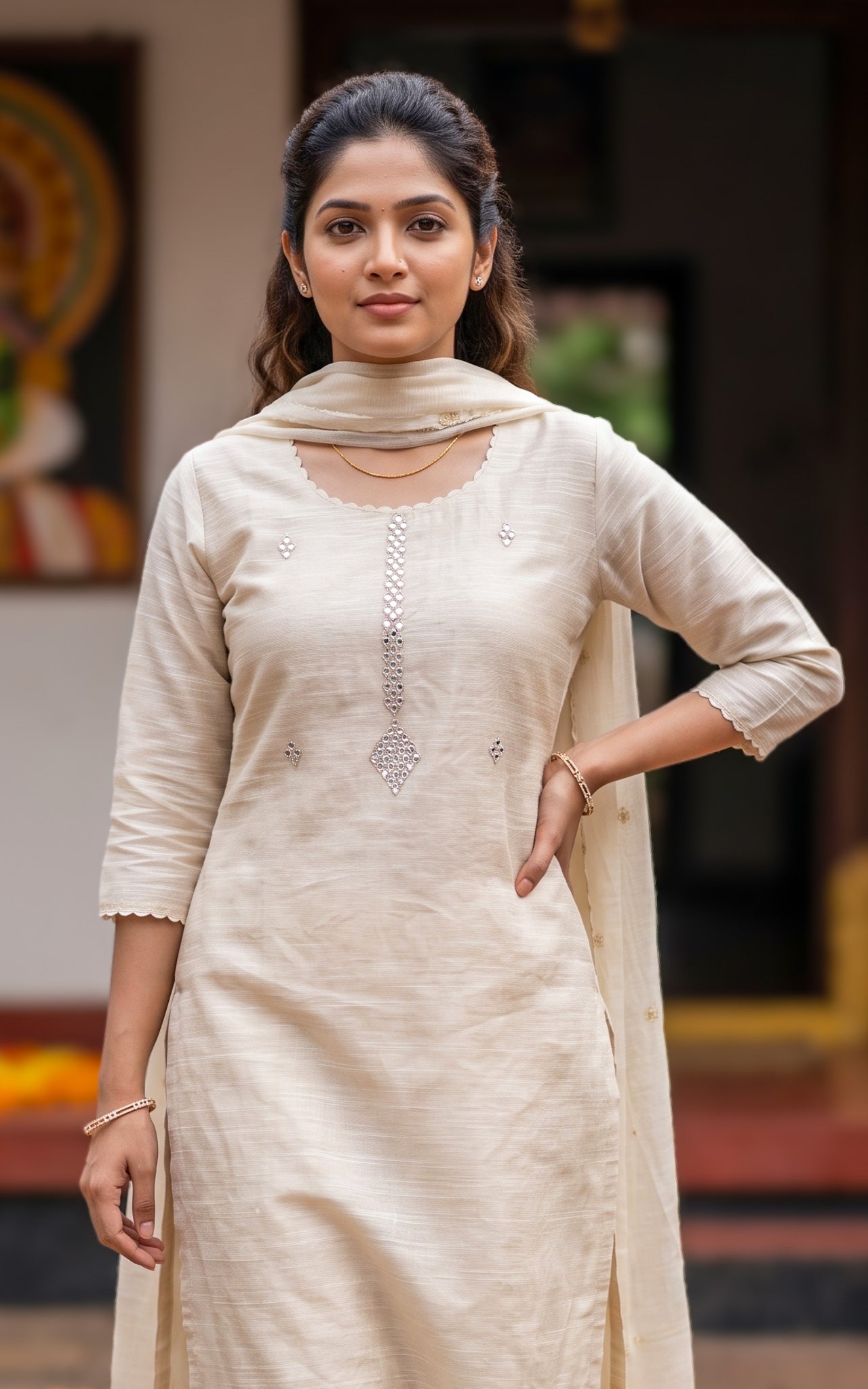 Beige Chanderi Kerala Onam Special Kurti Set for Women