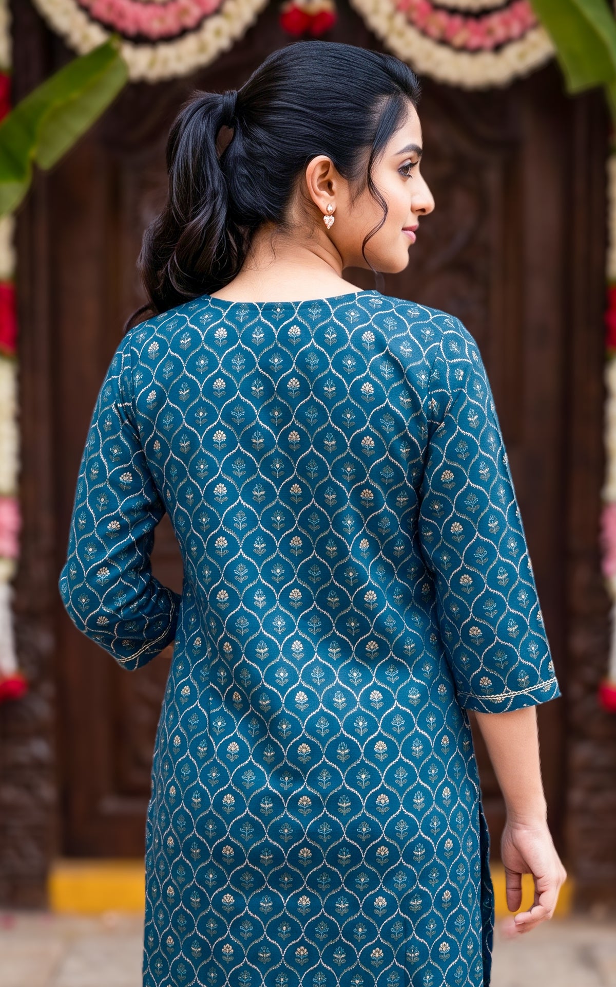 Peacock Blue Silk Cotton Straight Cut Kurti with One Side Pocket for Women