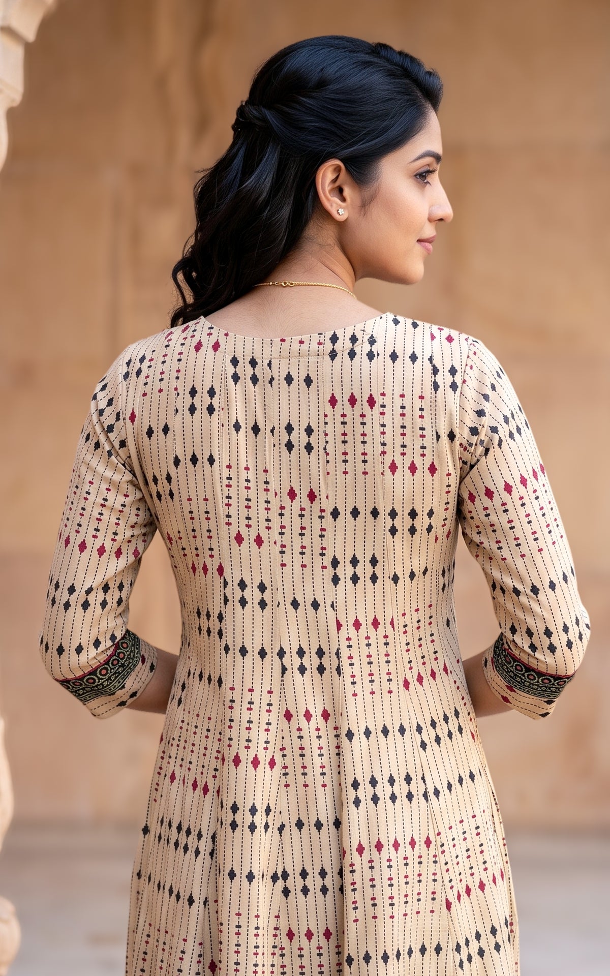 Beige and Black Cotton Designer Anarkali Kurti with Printed Dupatta for Women