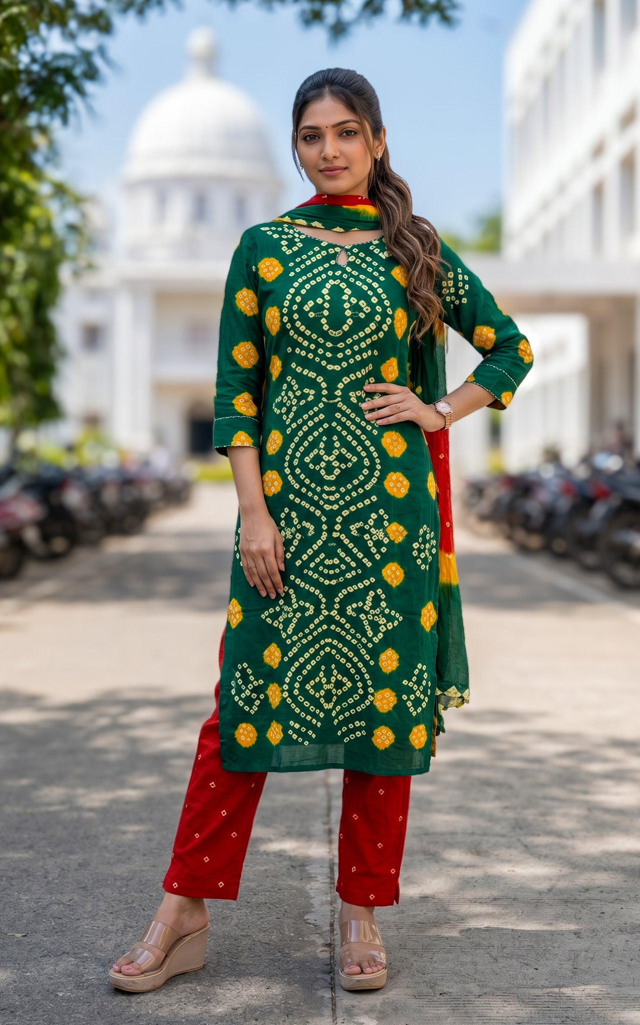 Dark green Bandhani cotton kurti set for women