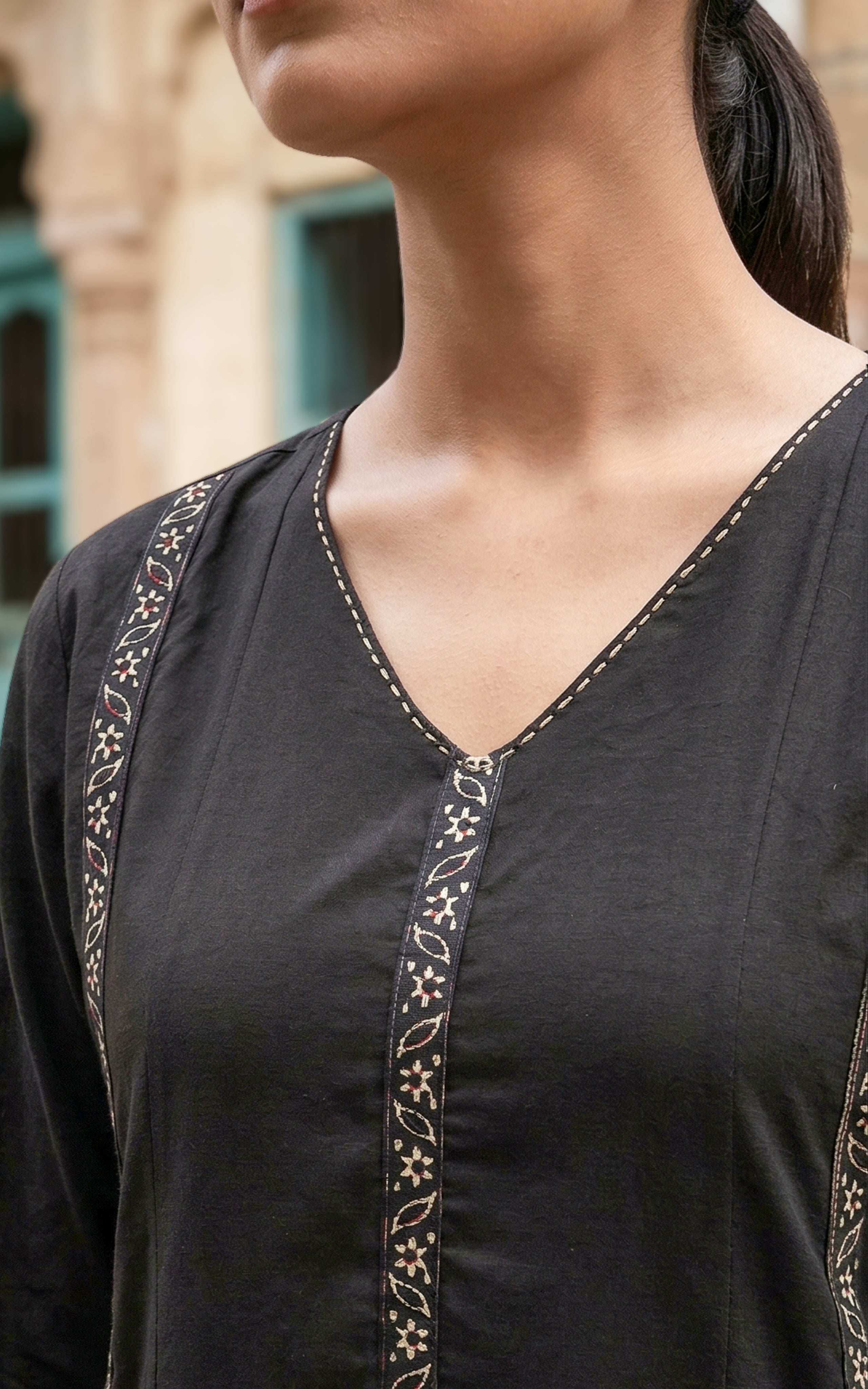 Black Anarkali kurti with V neck for women