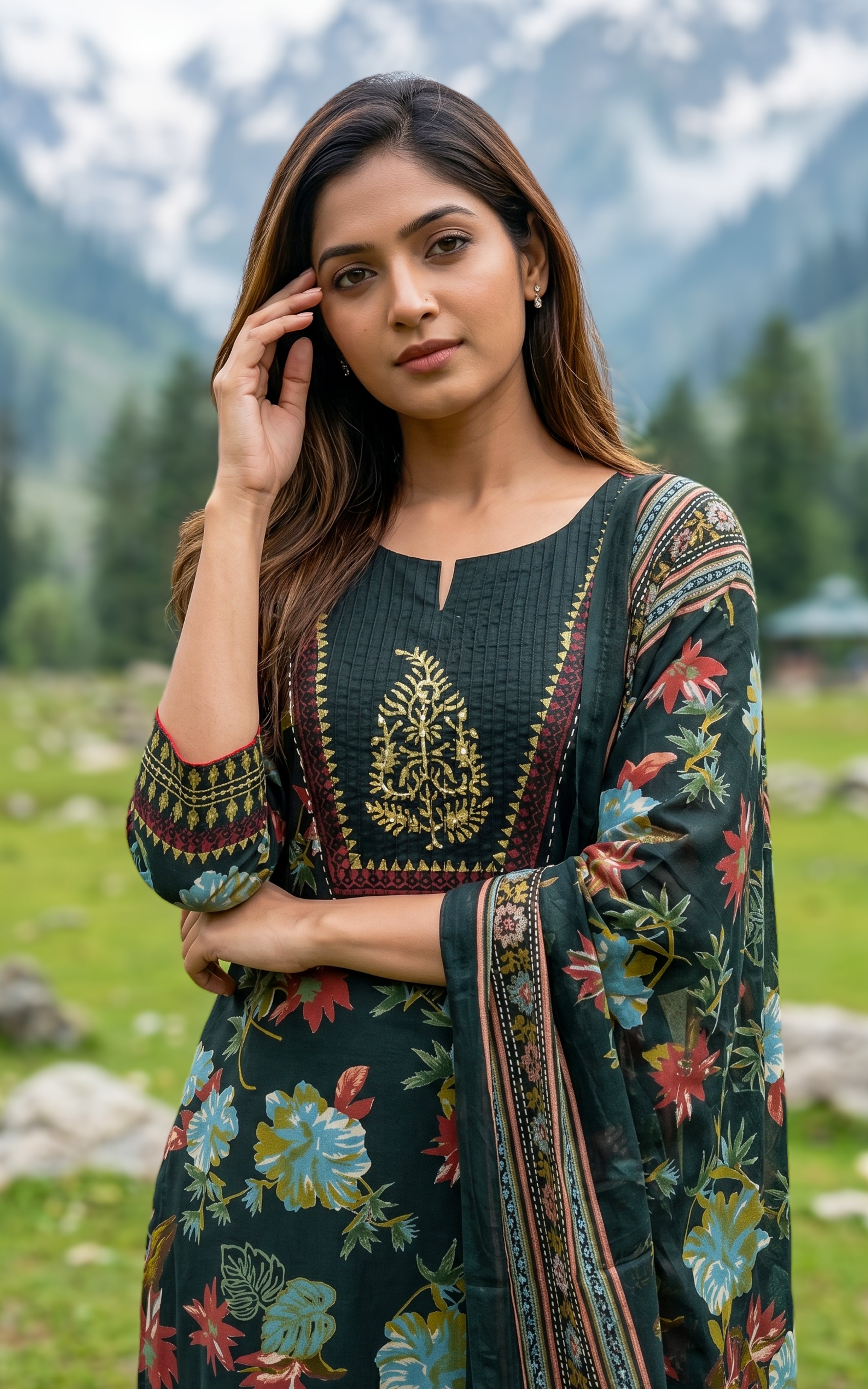 Bottle green Aline cotton kurti for women
