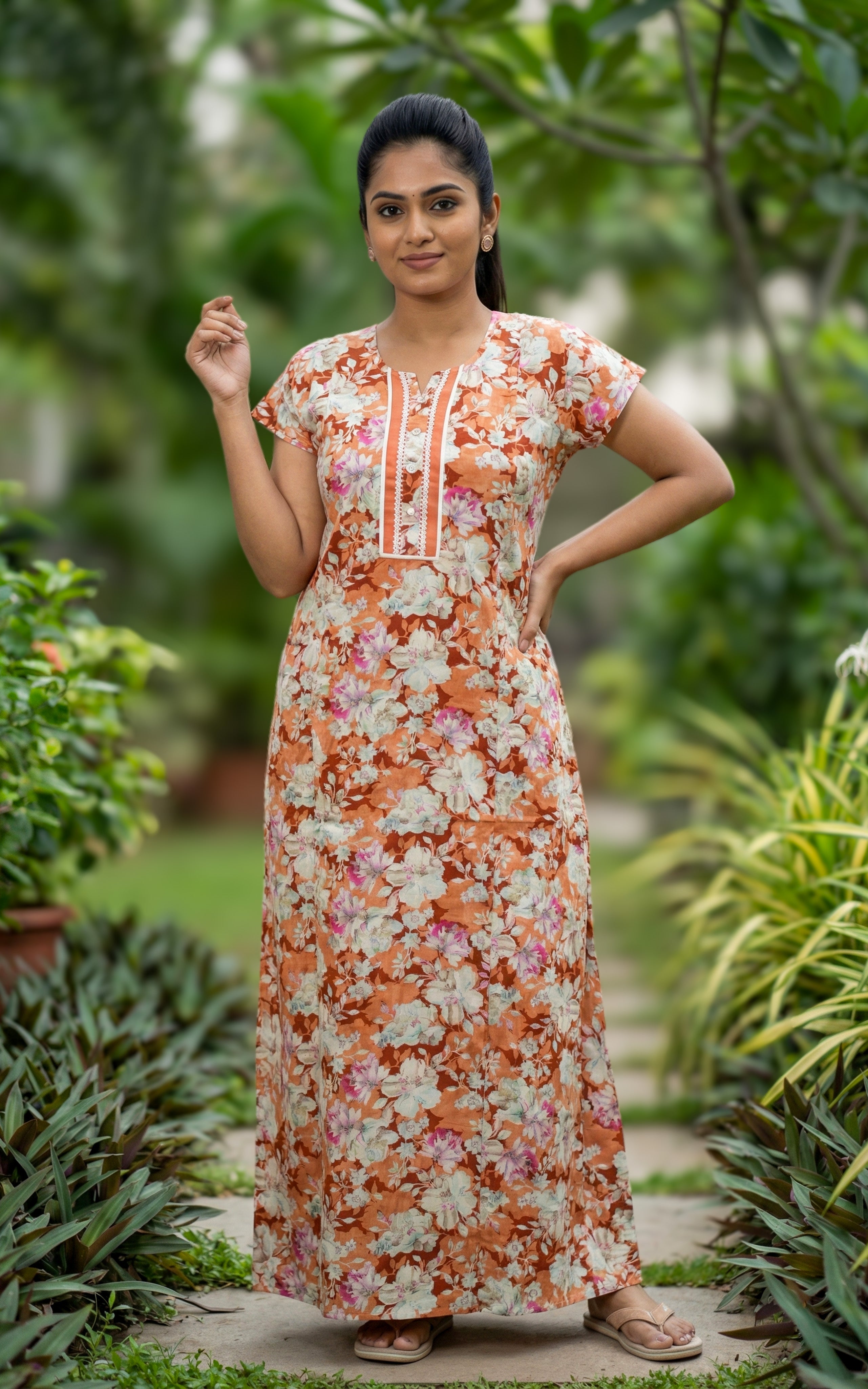 Instore – Brick Brown Cotton Long Nighty, All-Over Floral Print, Round Neck with Front Button Placket & White Lace Detailing, Relaxed Fit, Women's Sleepwear