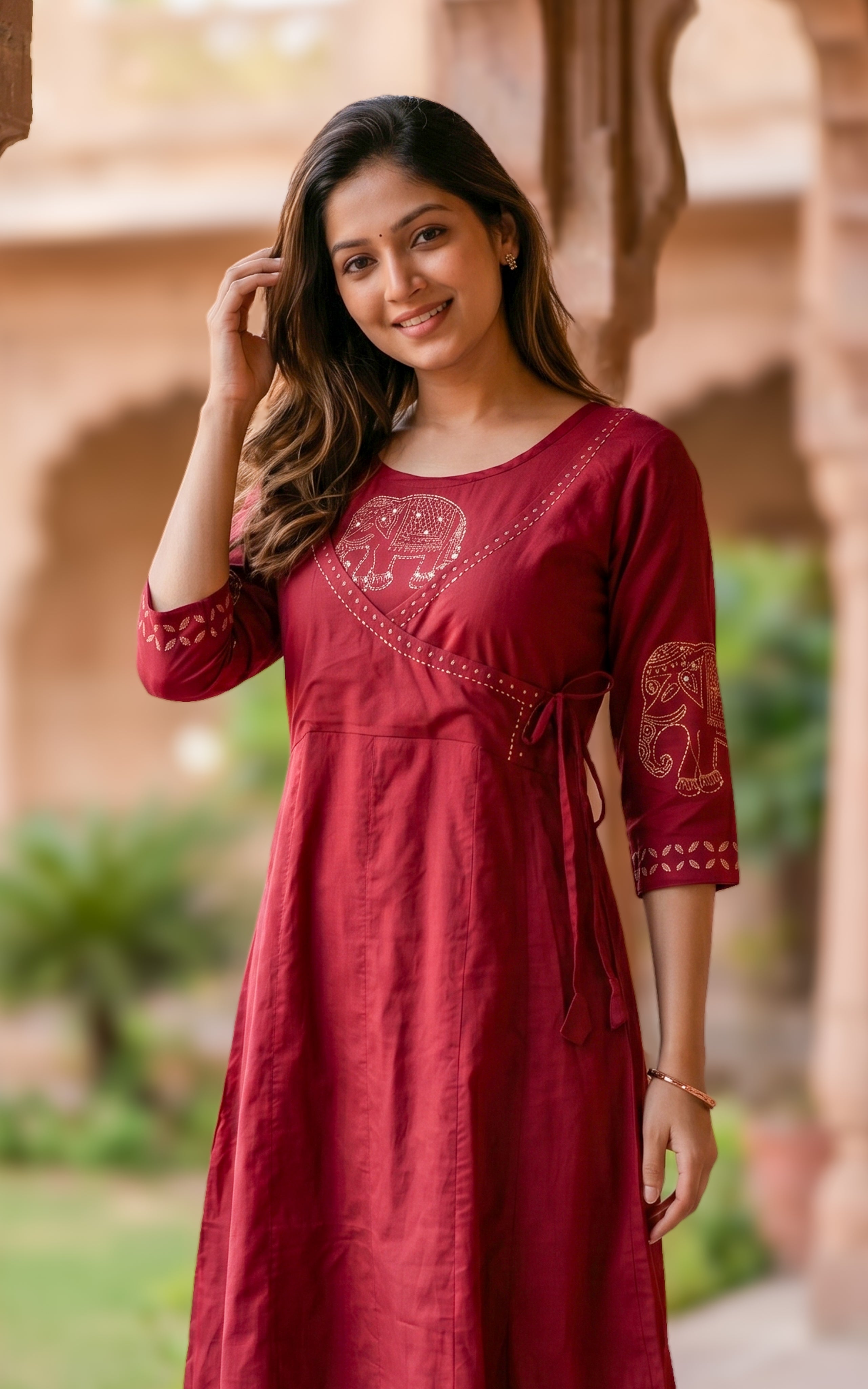 Maroon casual wear Angrakha kurti for women