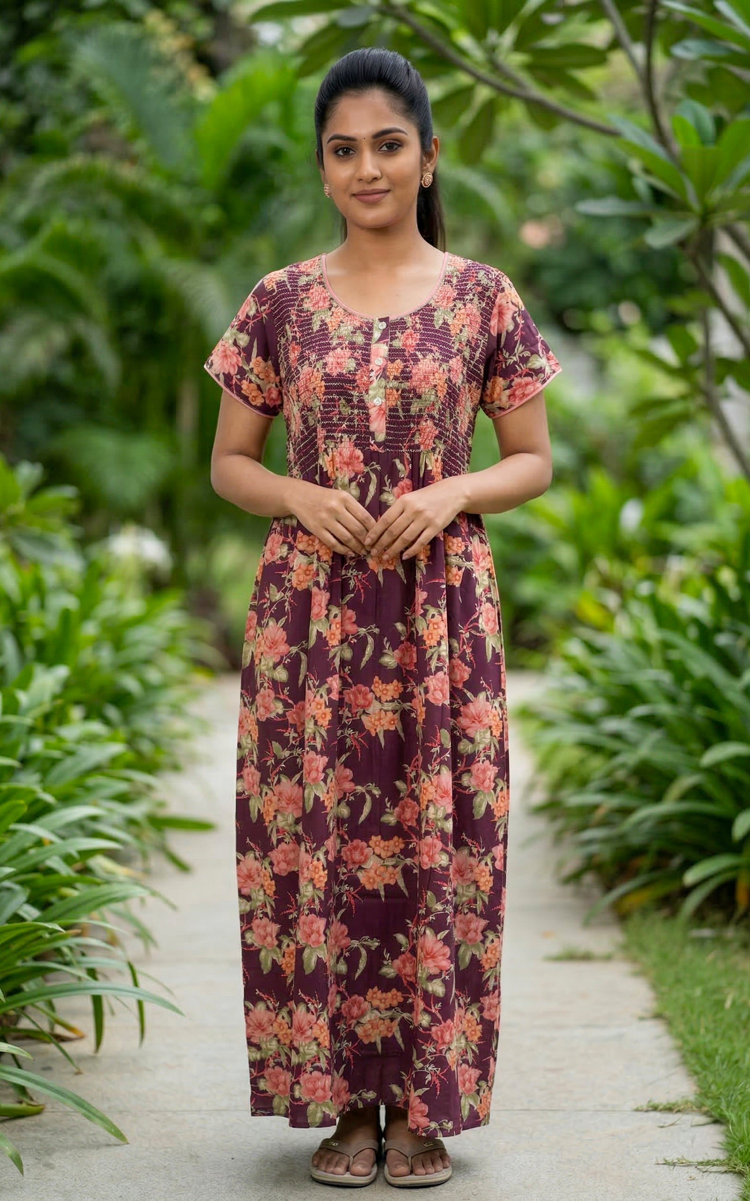 Instore – Plum Smocked Cotton Long Nighty, Round Neck, Relaxed Fit, Women's Sleepwear