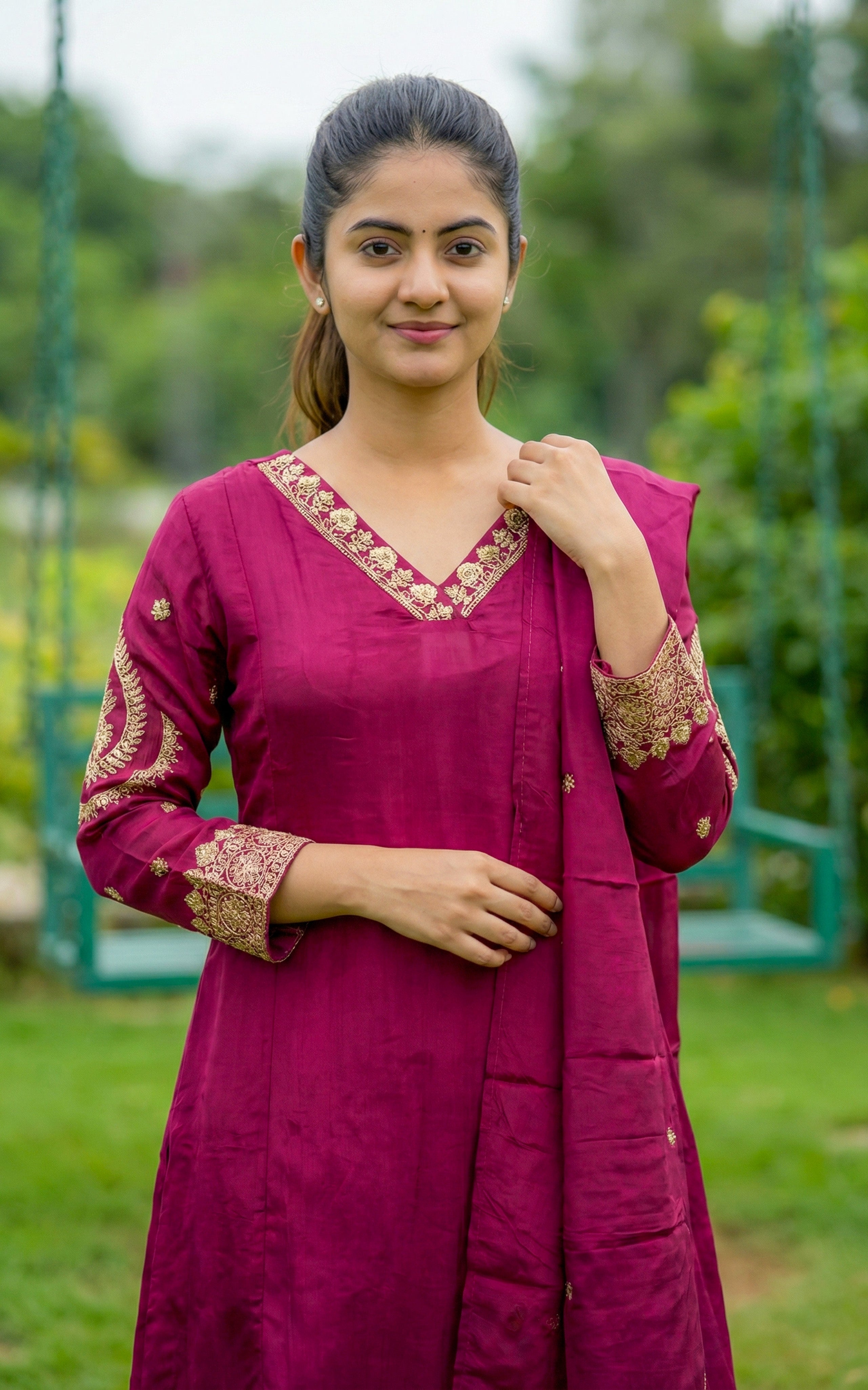 Instore - Wine Art Silk V Neck Sequence Embroidery Aline Kurti with Side Slit & One Side Pocket with Art Silk Dupatta