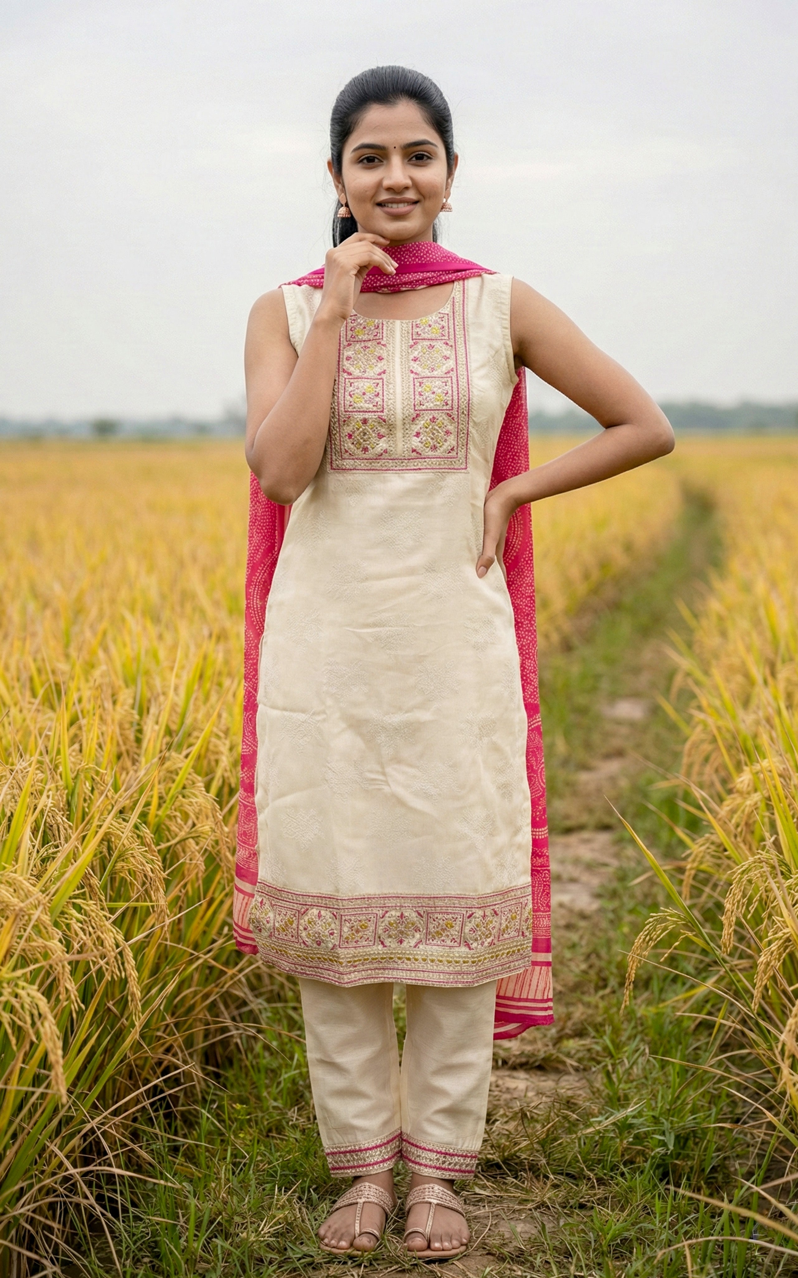 Instore - Off White Art Silk Straight Cut Kurti with Side Slit, Embroidery & Colorful Thread Work with Pant & Dupatta