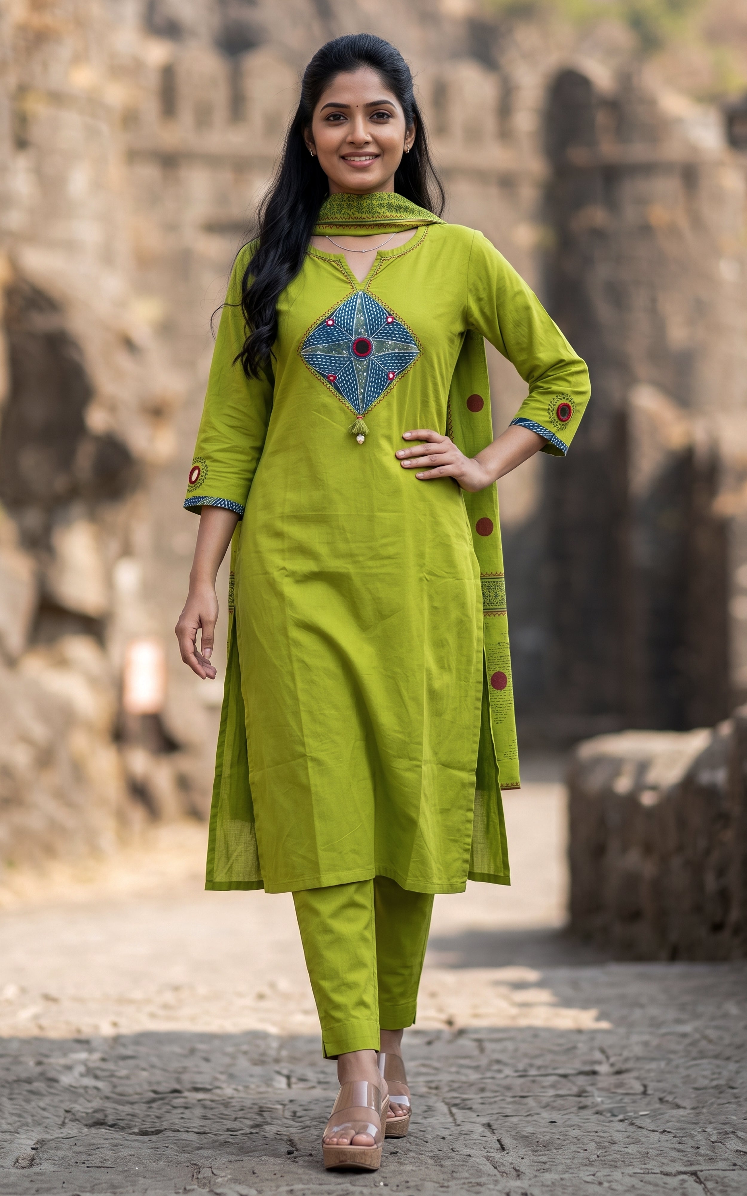 Parrot Green Cotton Casual Wear Kurti Set for Women