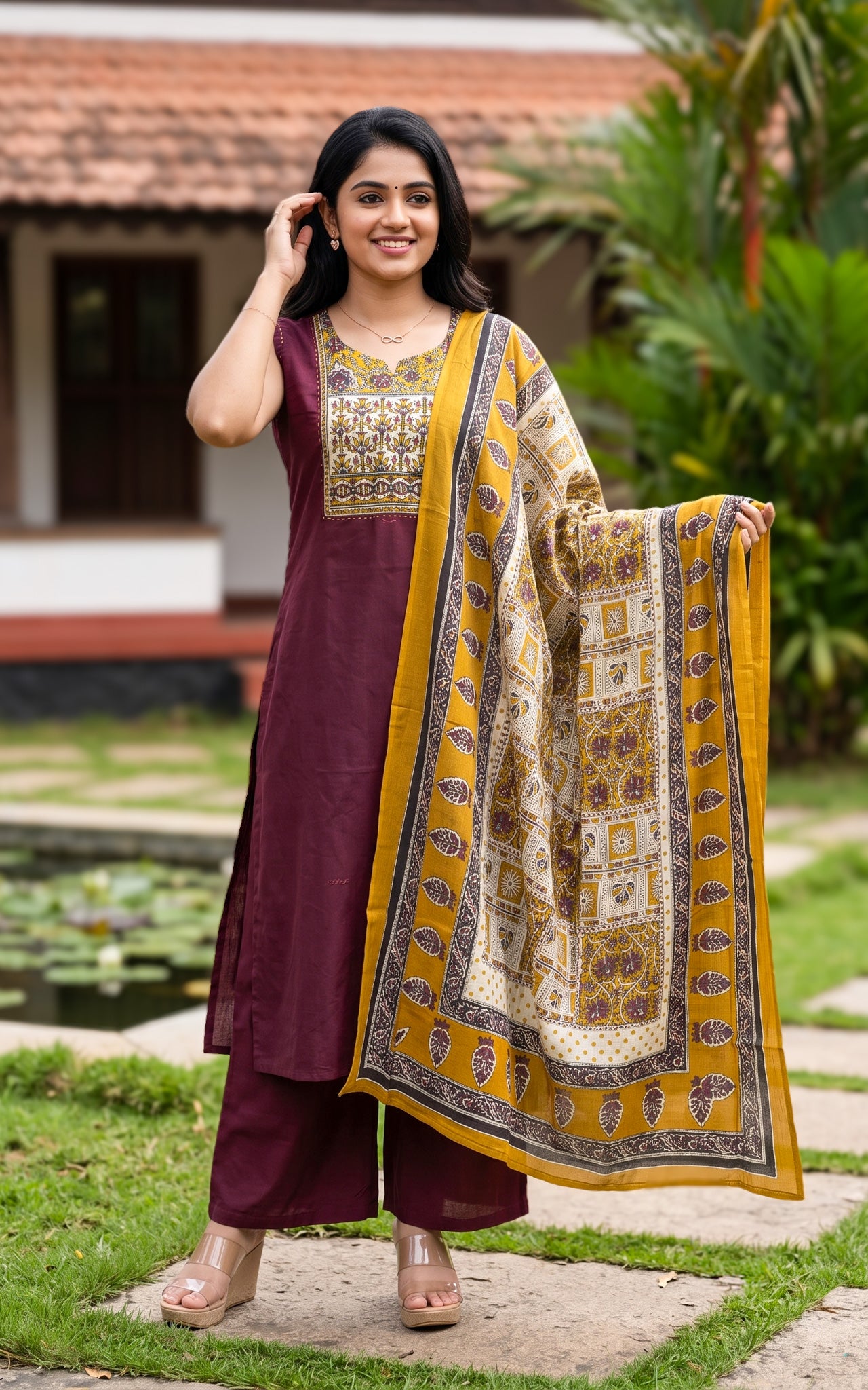 Ranvika Plum Handblock (Kurti+Pant+Dupatta)