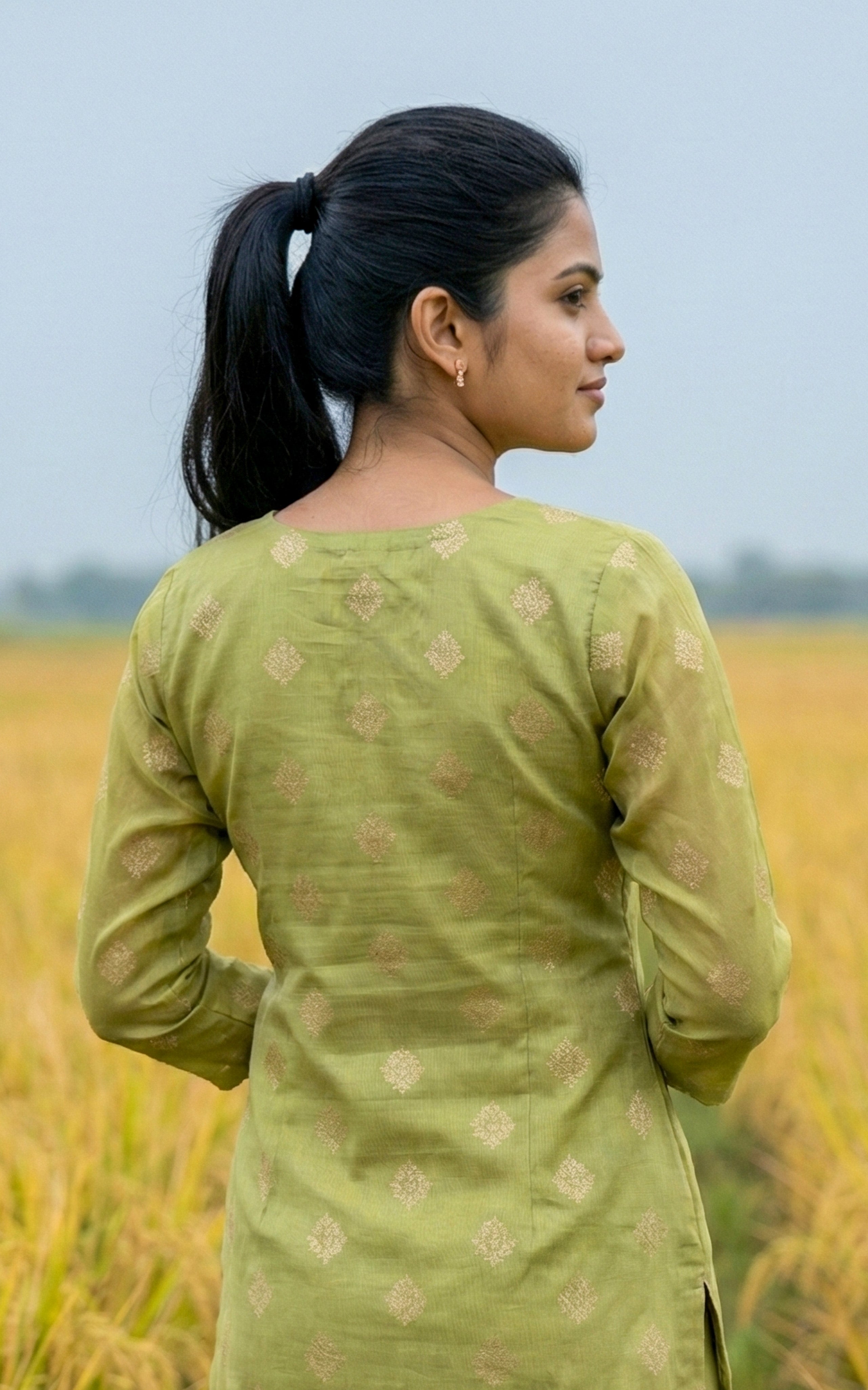 Instore - Pista Green Art Silk Sequin Embroidery Aline Kurti with Side Slit and Butter Crepe Lining
