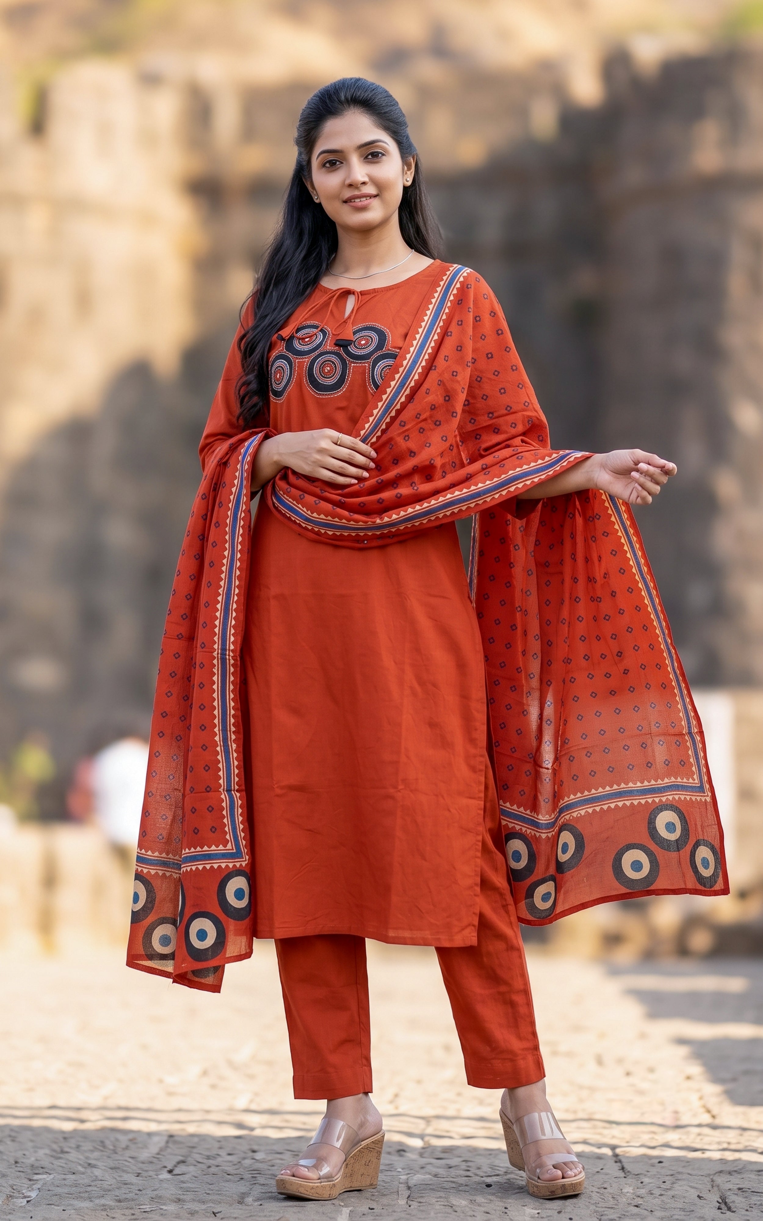 Brick Red Cotton Ethnic Wear Kurti Set for Women