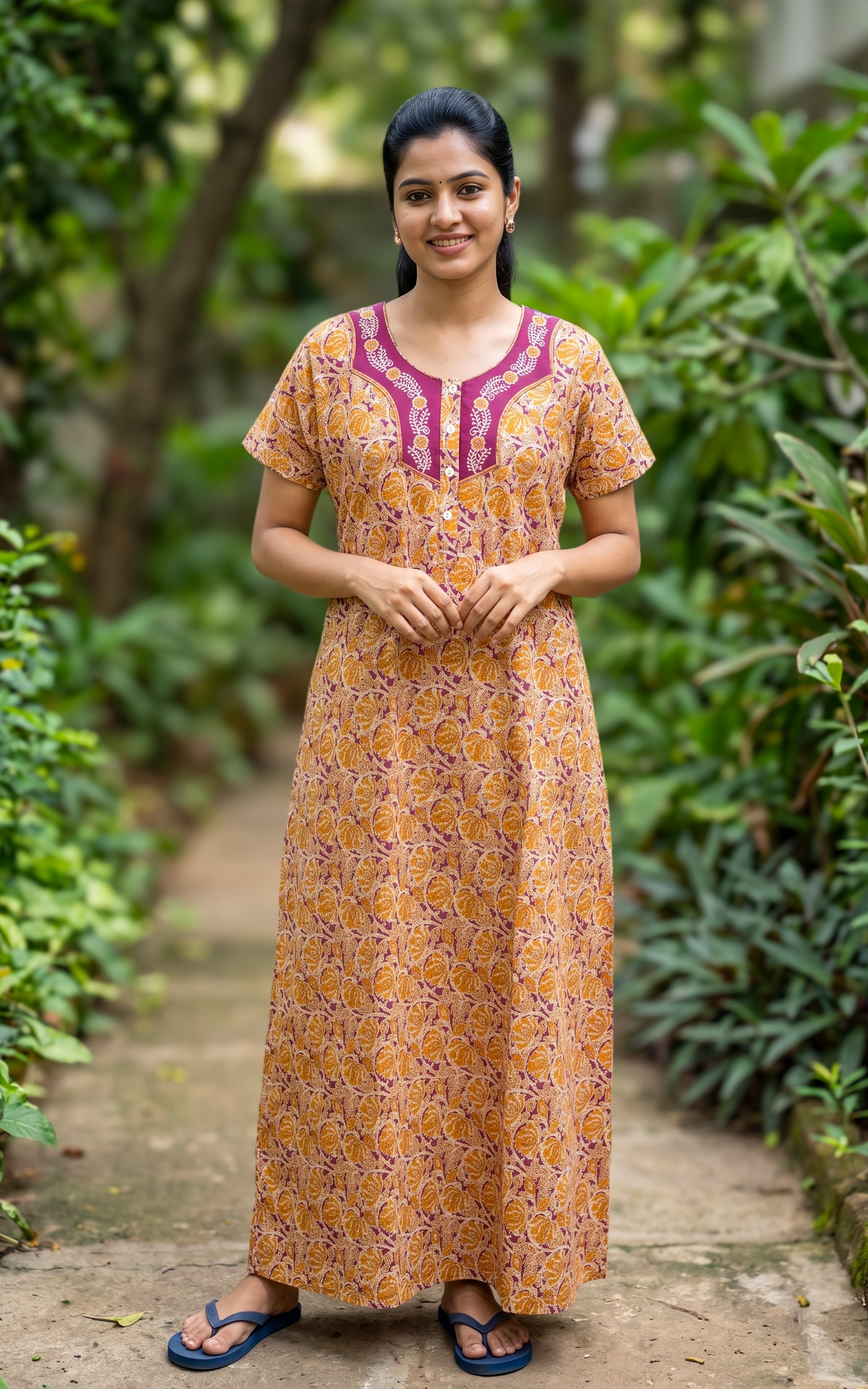 Instore - Multicolor Floral Print Cotton Long Nighty with Side Pocket, Relaxed Fit, Women's Sleepwear