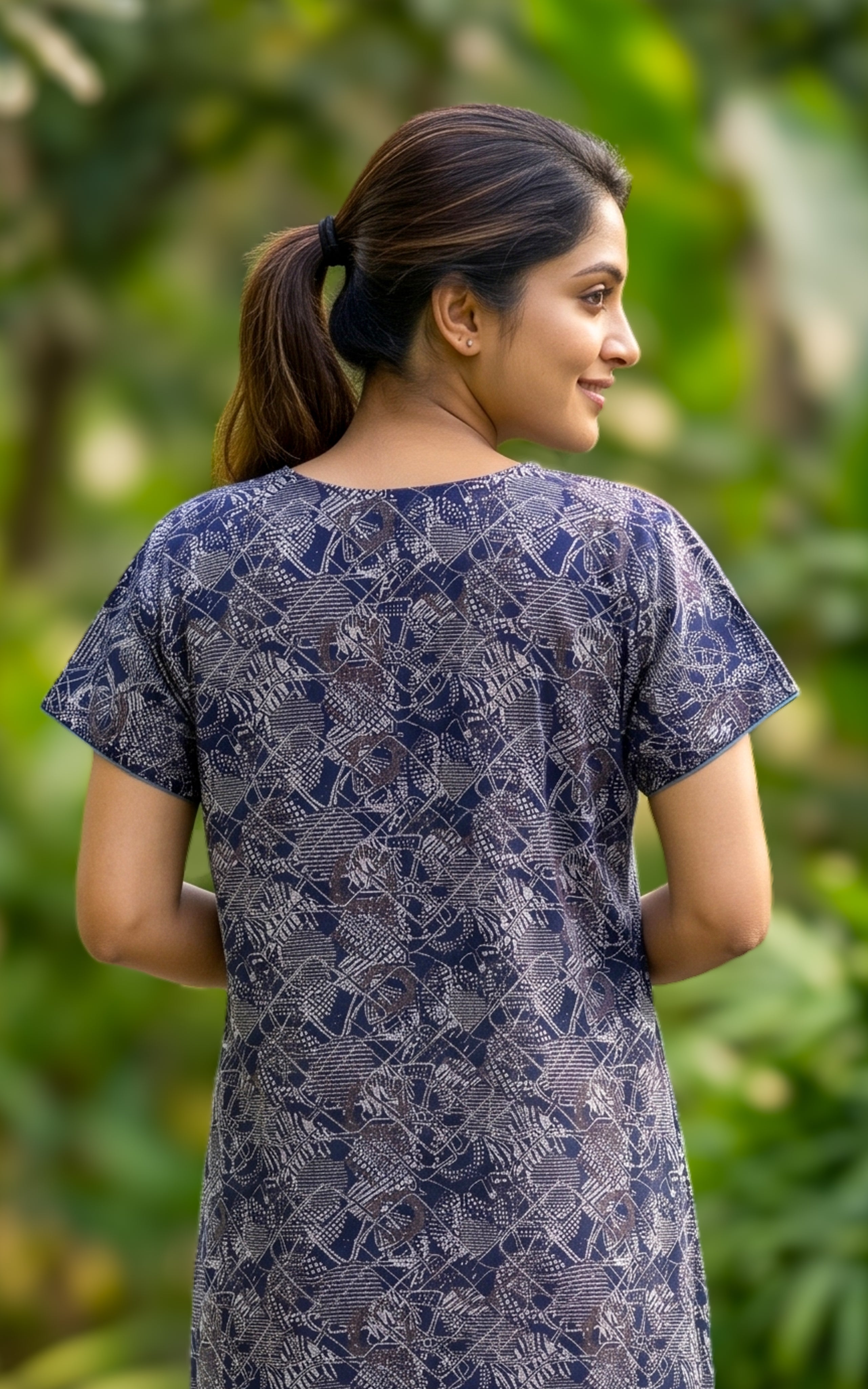 Instore - Navy Blue Floral Print Cotton Long Nighty with Side Pocket, Relaxed Fit, Women's Sleepwear