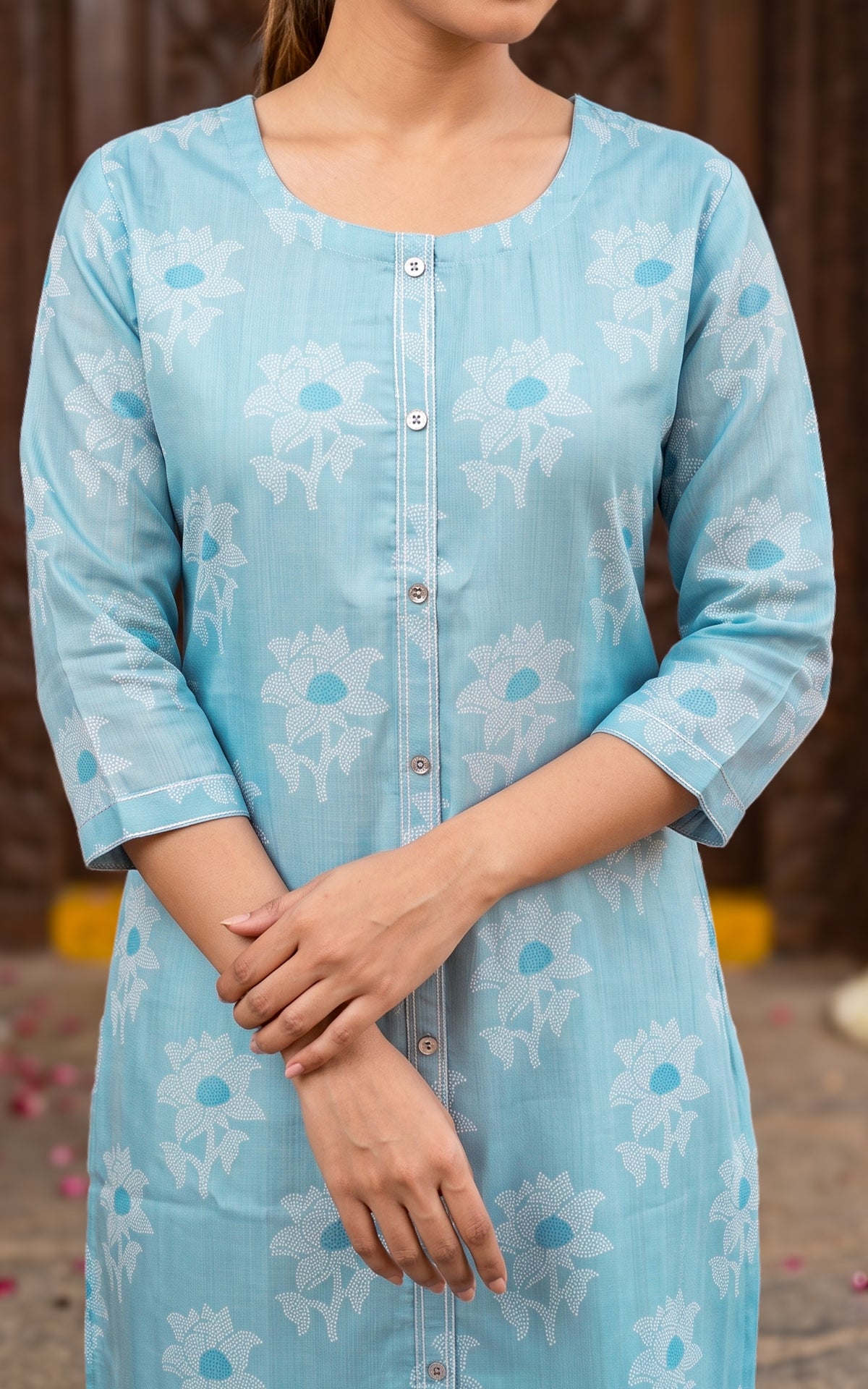 Sky Blue Silk Cotton Traditional Festive Wear Kurti for Women