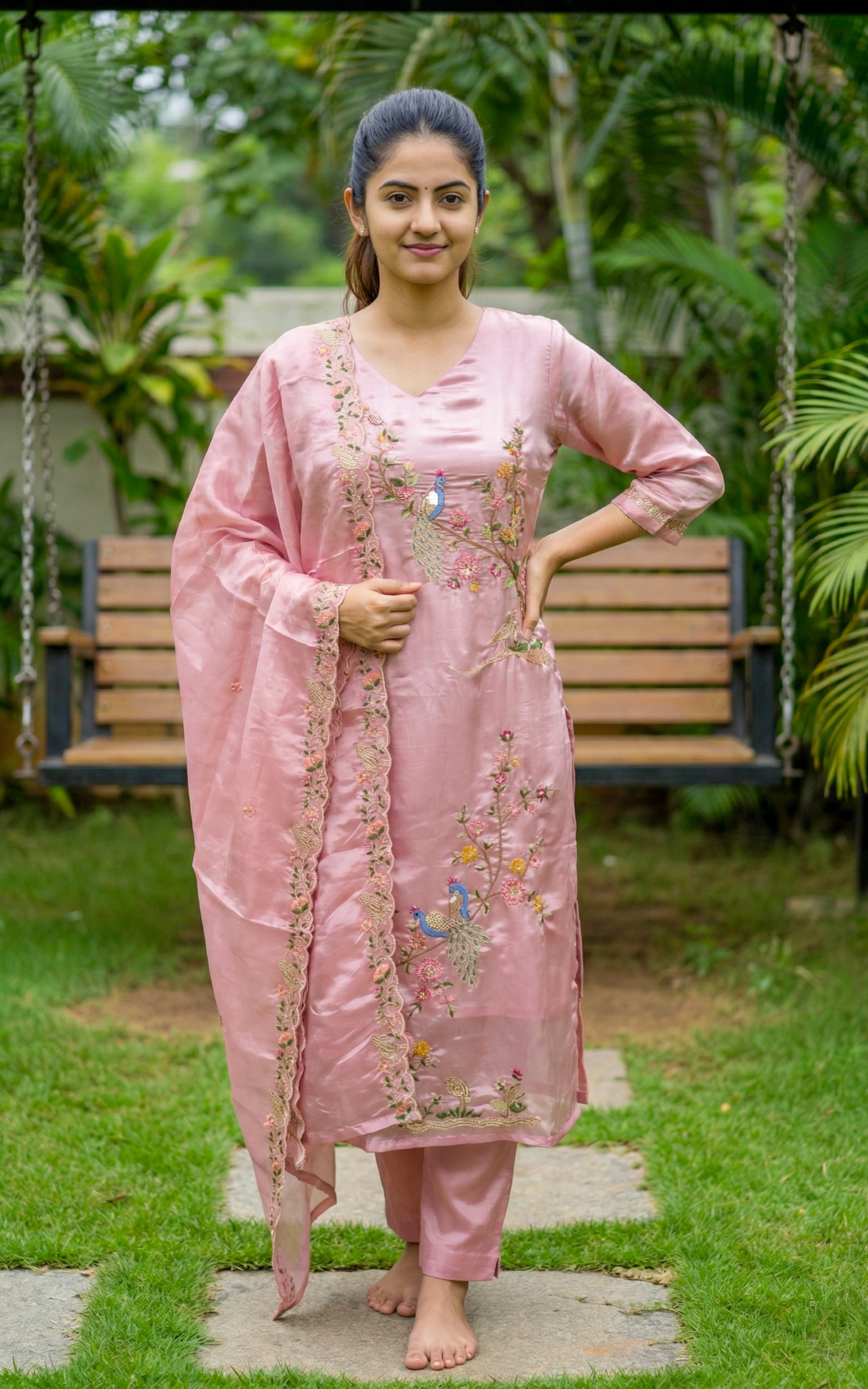 V-Neck Floral Embroidery Aline Kurti with dupatta