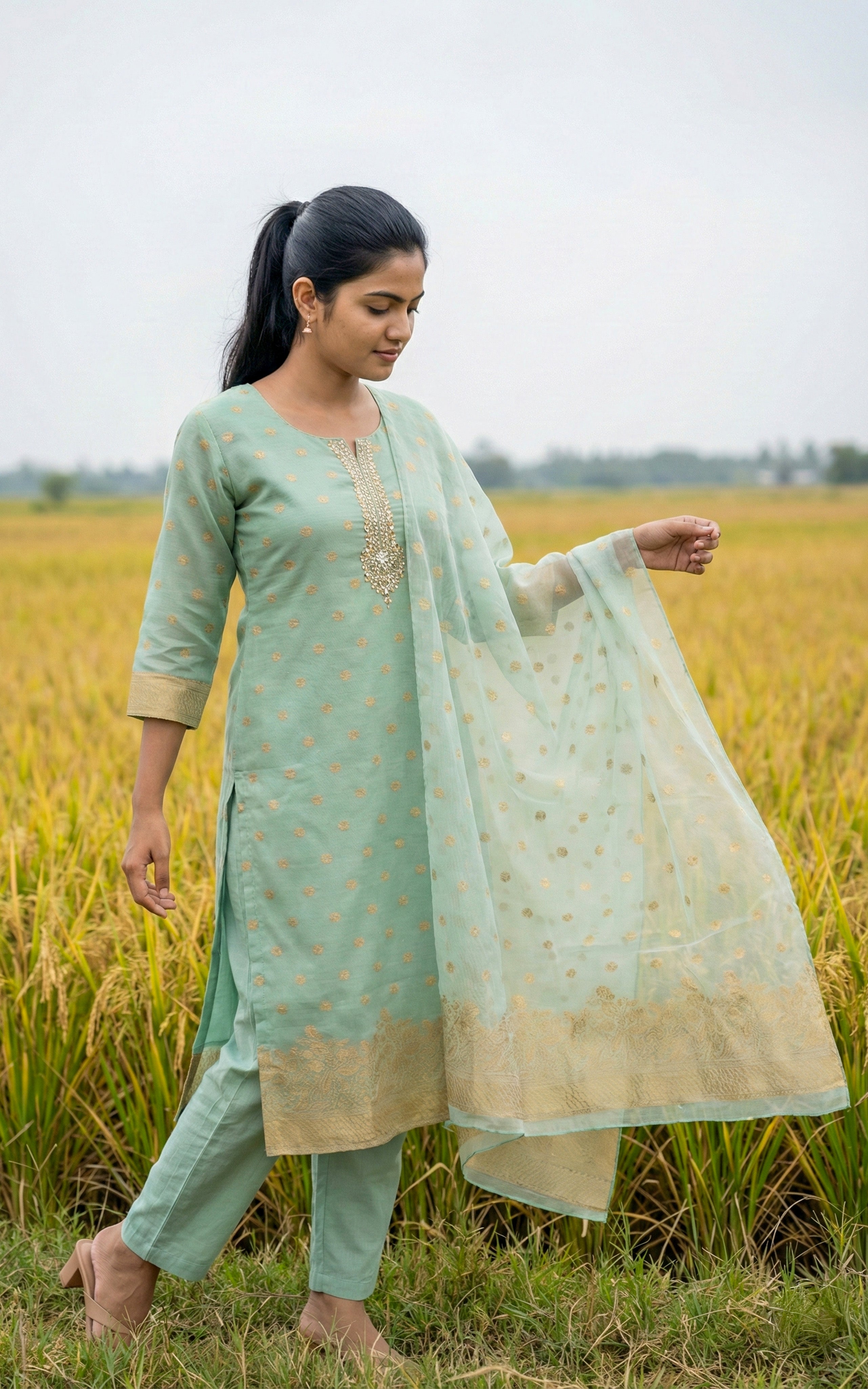 Instore - Pastel Green Chanderi Straight Cut Kurti with Zari Embroidery Neckline, Pant with One Side Pocket & Dupatta