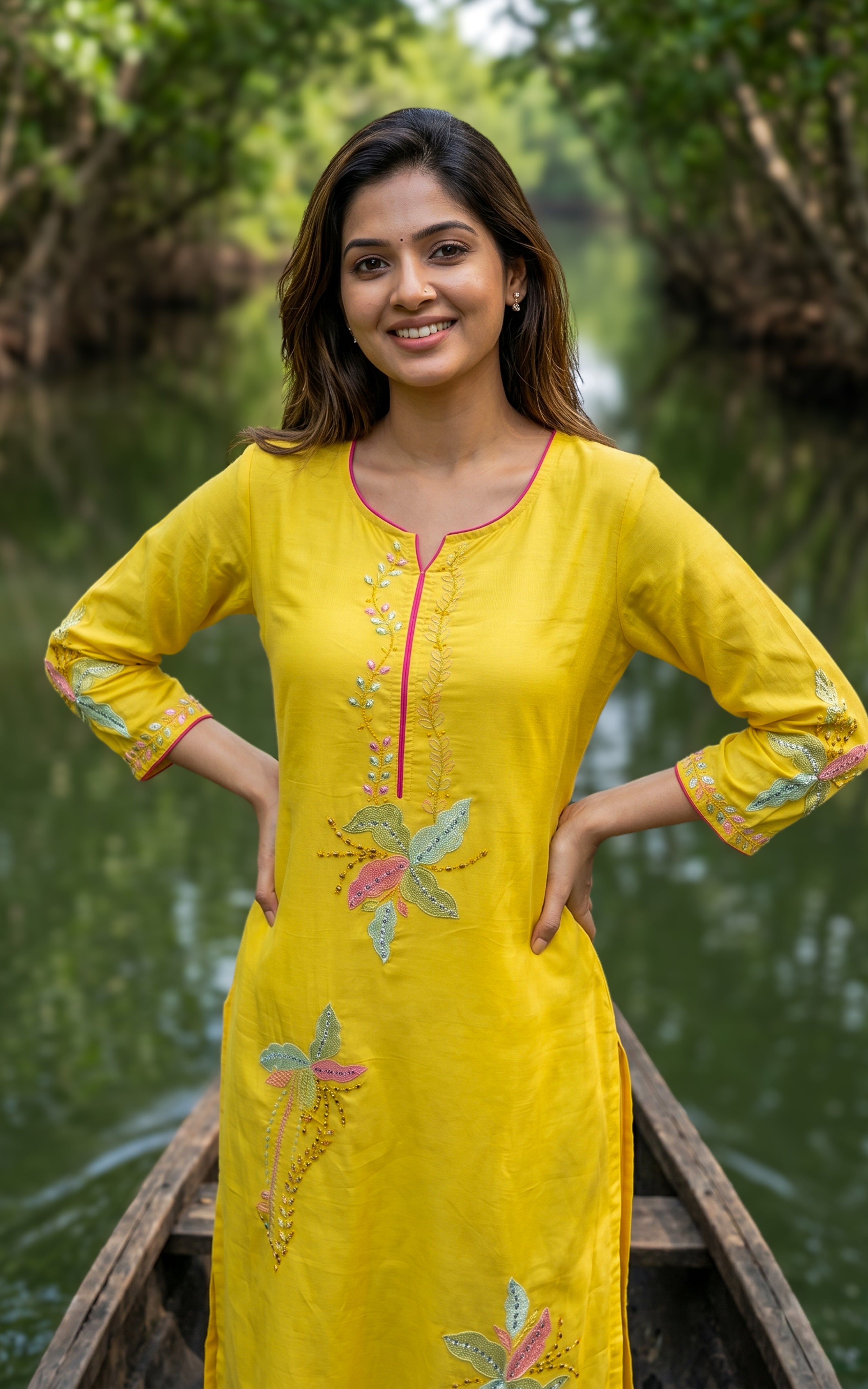 Yellow cotton kurti with embroidery for women