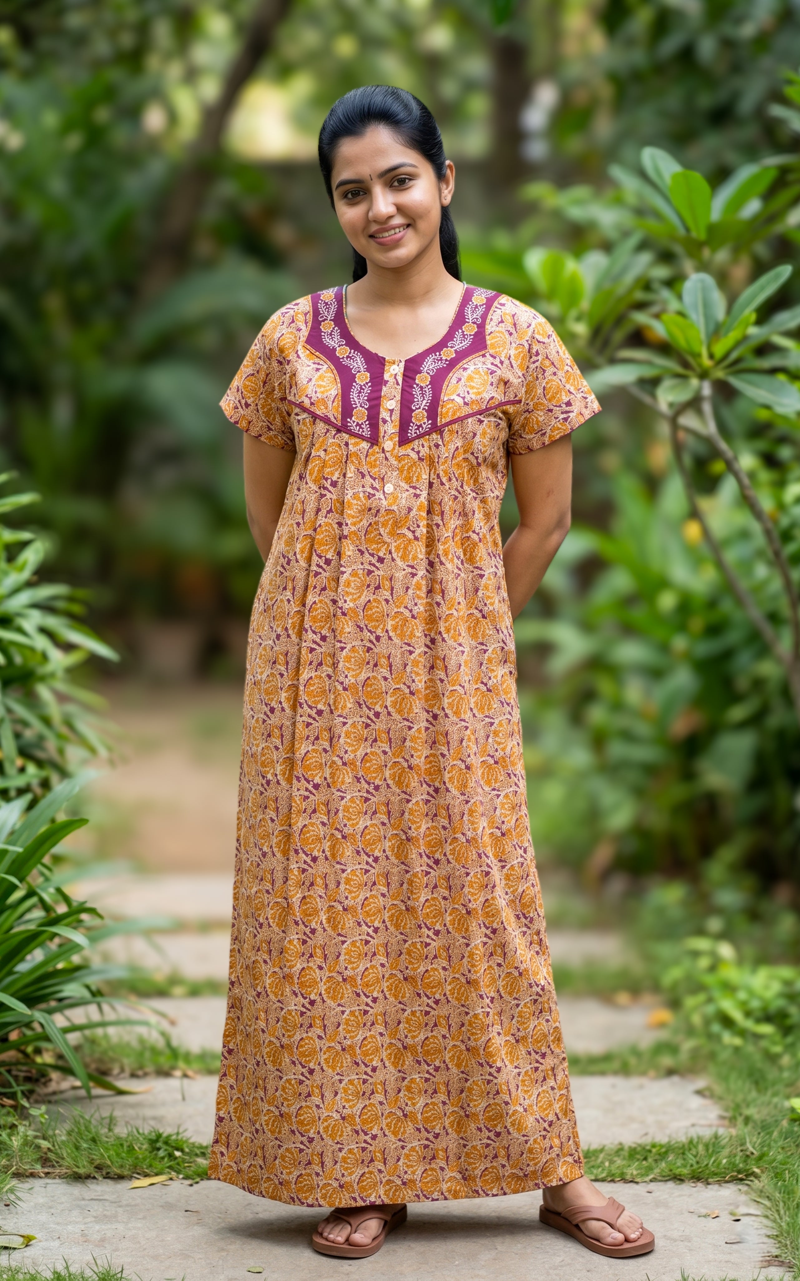 Instore - Mustard Beige & Maroon Floral Print Cotton Long Nighty with Side Pocket, Relaxed Fit, Women's Sleepwear